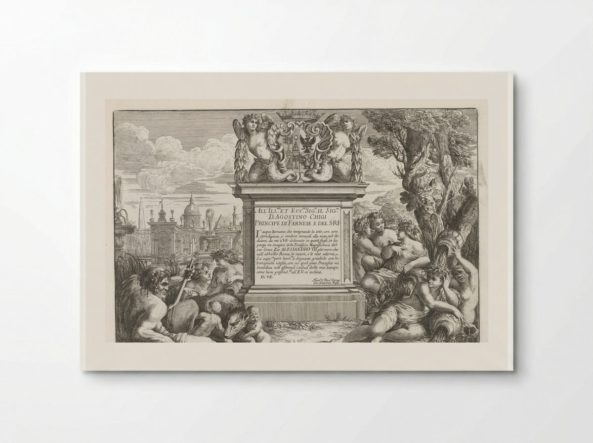 Dedication to Agostino Chigi with Coat of Arms and View of Rome - Giovanni Giacomo de' Rossi - Poster