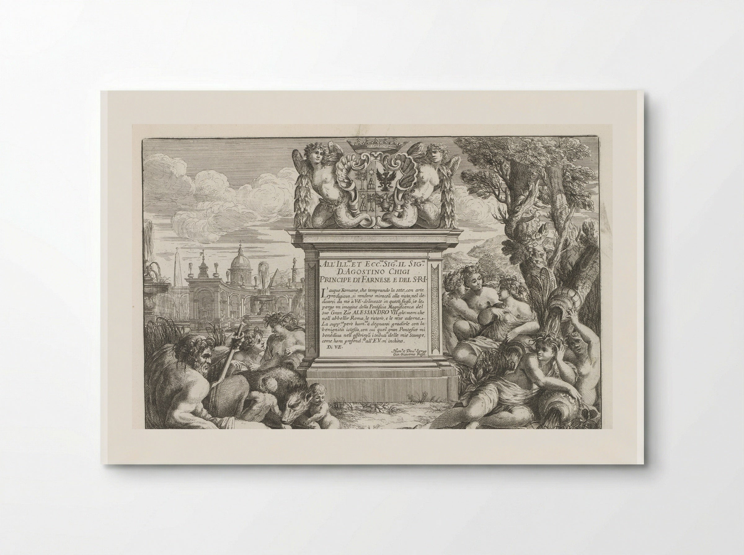 Dedication to Agostino Chigi with Coat of Arms and View of Rome - Giovanni Giacomo de' Rossi - Poster