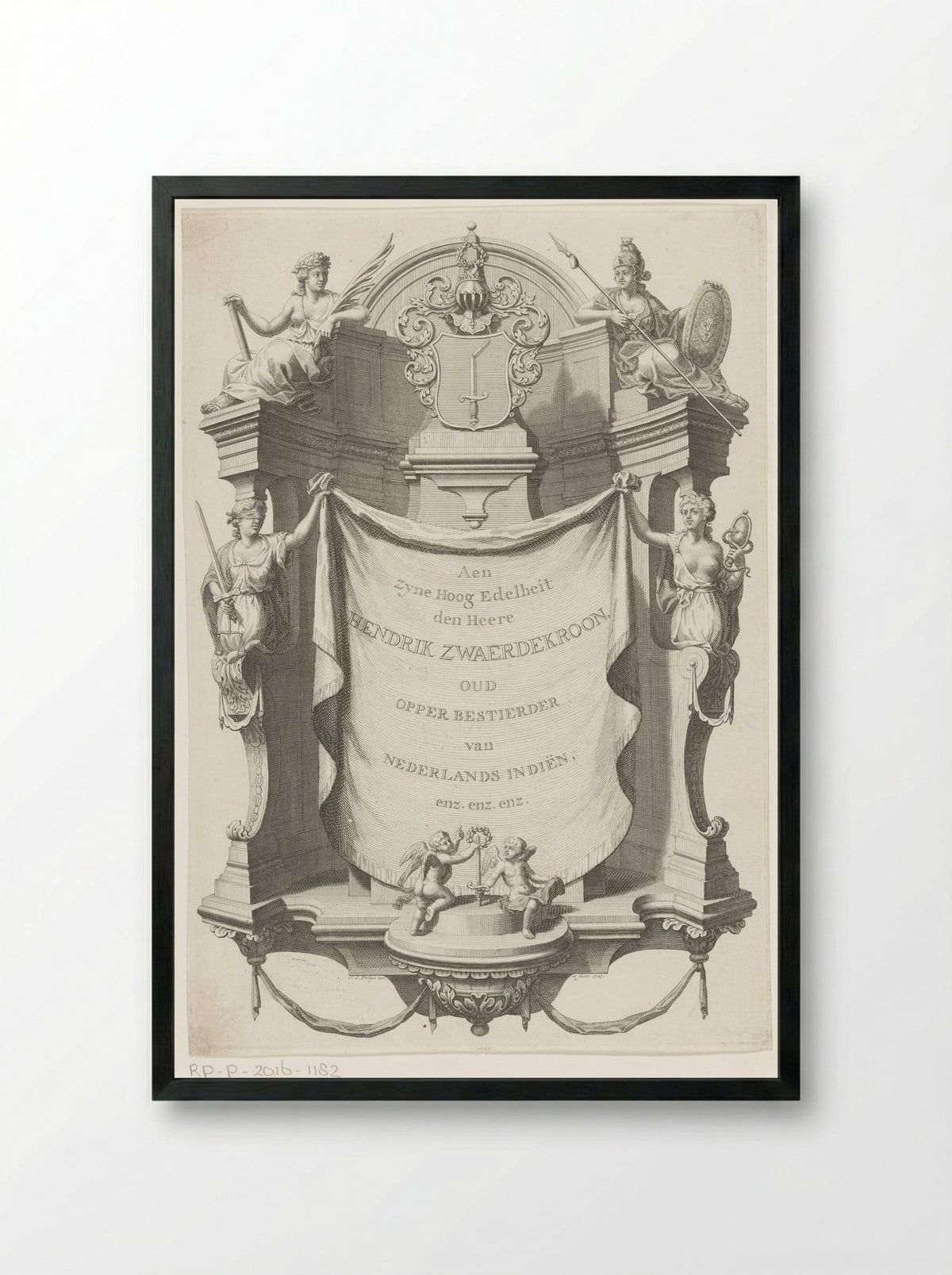 Dedication with the Coat of Arms of Hendrik Zwaerdekroon - Joannes van Braam & Gerard onder de Linden - Framed Print Black