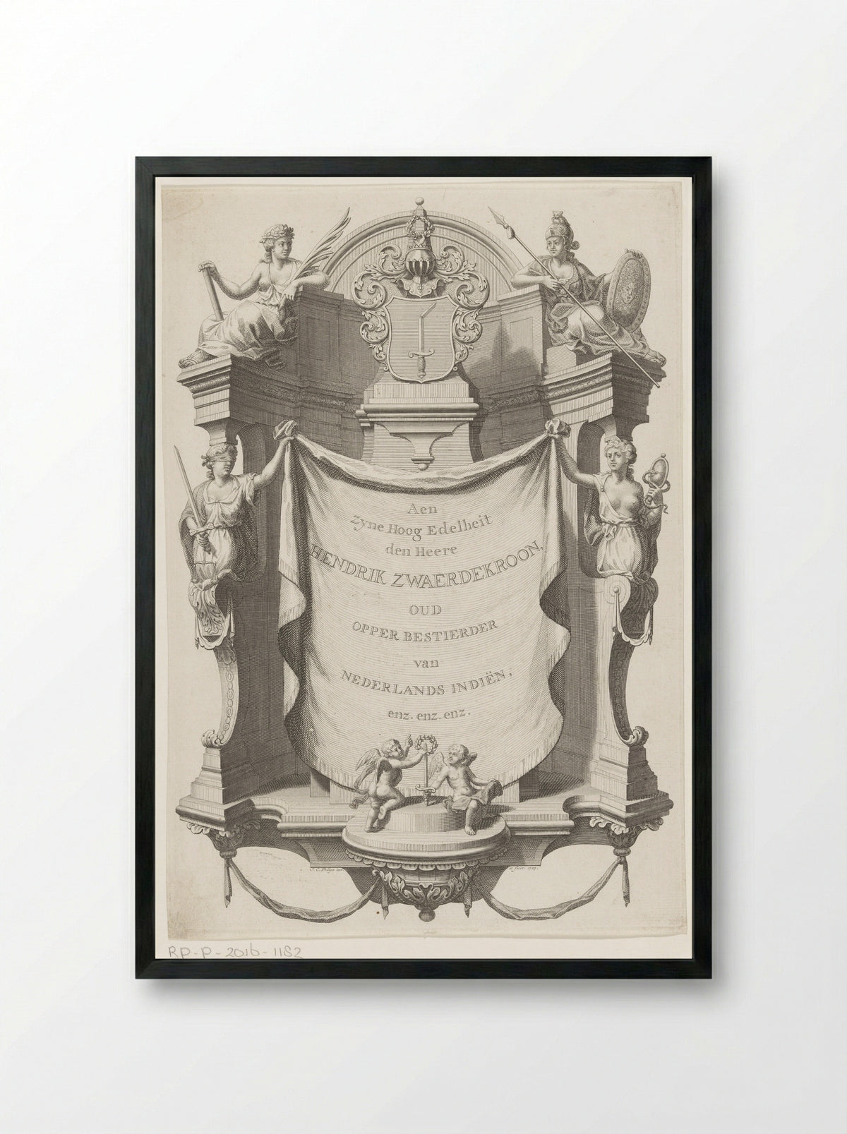 Dedication with the Coat of Arms of Hendrik Zwaerdekroon - Joannes van Braam & Gerard onder de Linden - Framed Print Black