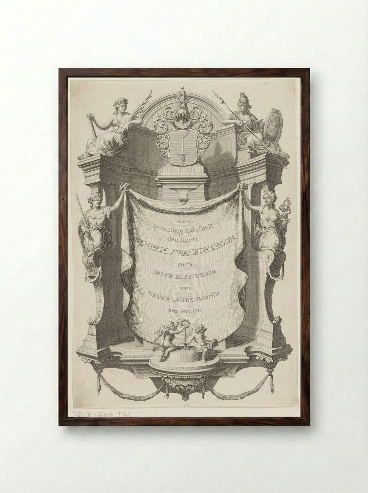 Dedication with the Coat of Arms of Hendrik Zwaerdekroon - Joannes van Braam & Gerard onder de Linden - Framed Print Dark Wood