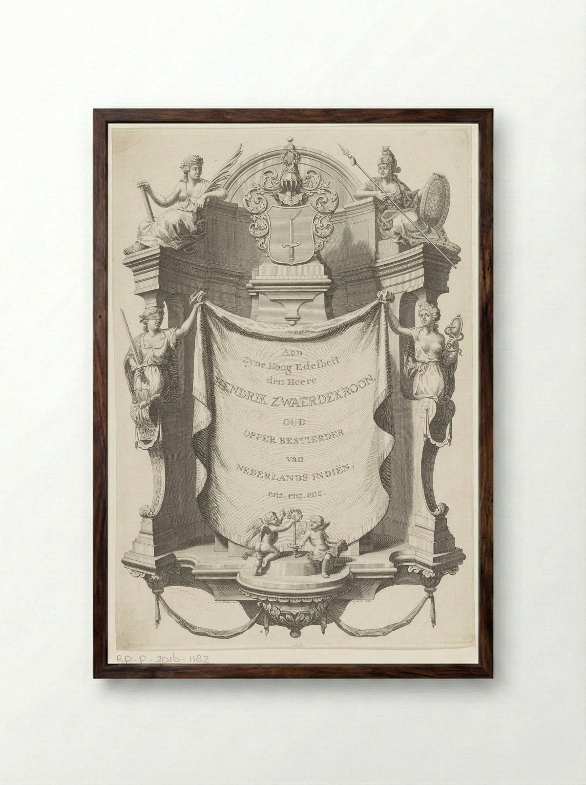 Dedication with the Coat of Arms of Hendrik Zwaerdekroon - Joannes van Braam & Gerard onder de Linden - Framed Print Dark Wood