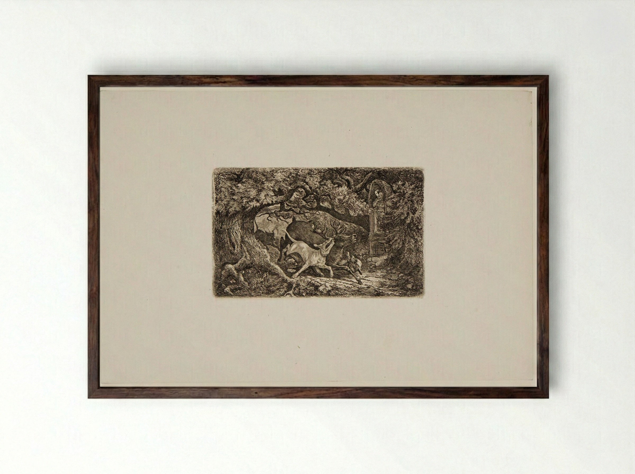 Deer Captured by Dogs - Friedrich Anton Wolff - Framed Print Dark Wood