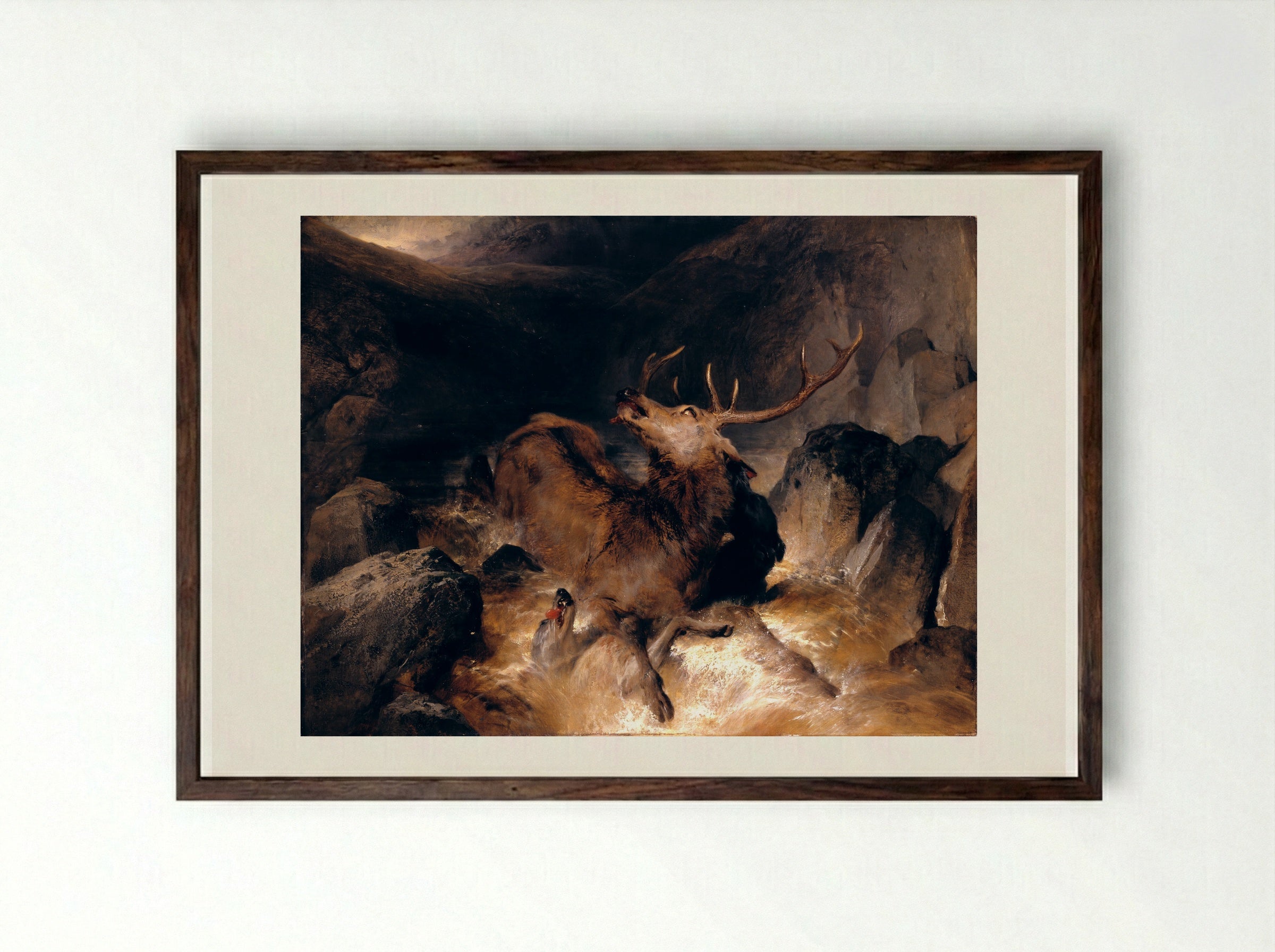 Deer and Deer Hounds in a Mountain Torrent - Sir Edwin Henry Landseer - Framed Print Dark Wood