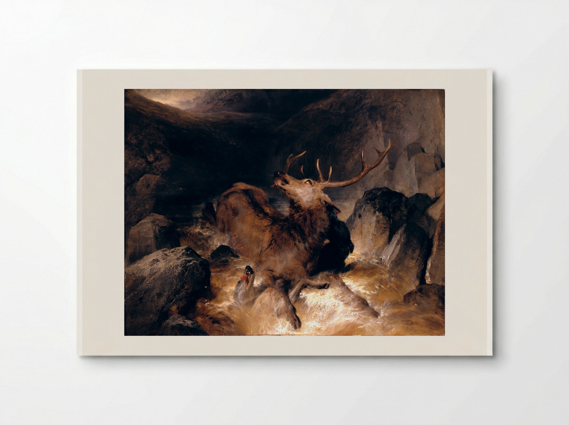 Deer and Deer Hounds in a Mountain Torrent - Sir Edwin Henry Landseer - Poster