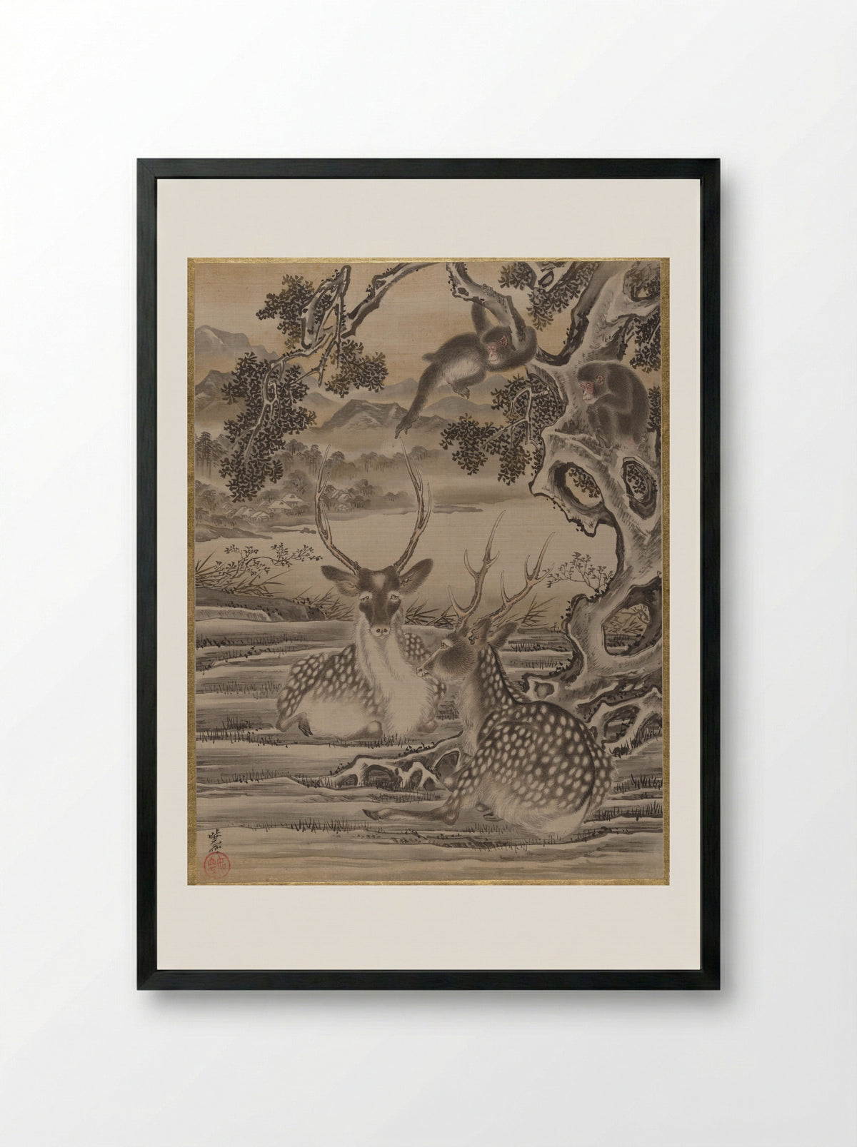 Deer and Monkeys - Kawanabe Kyōsai - Framed Print Black