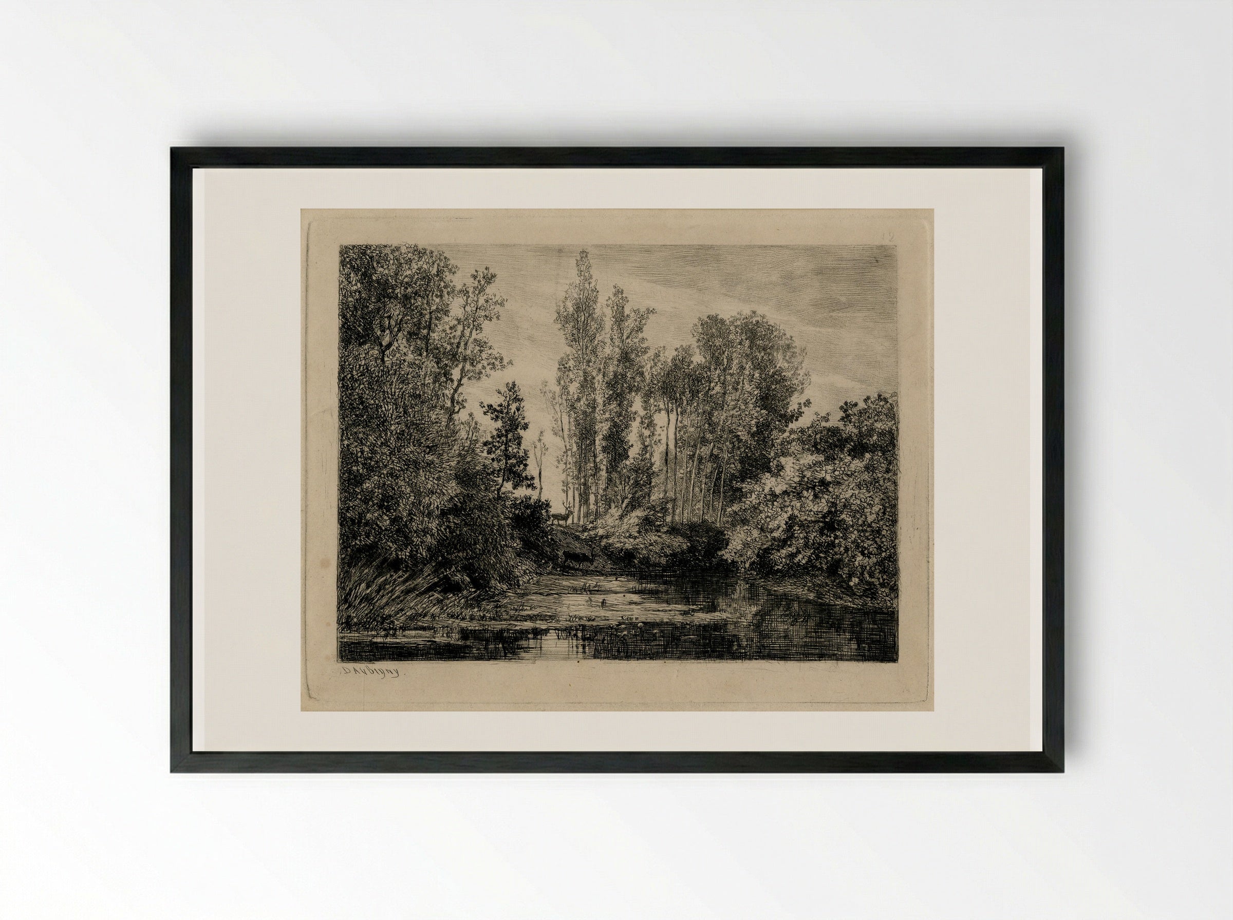 Deer at the Water's Edge - Charles-François Daubigny - Framed Print Black
