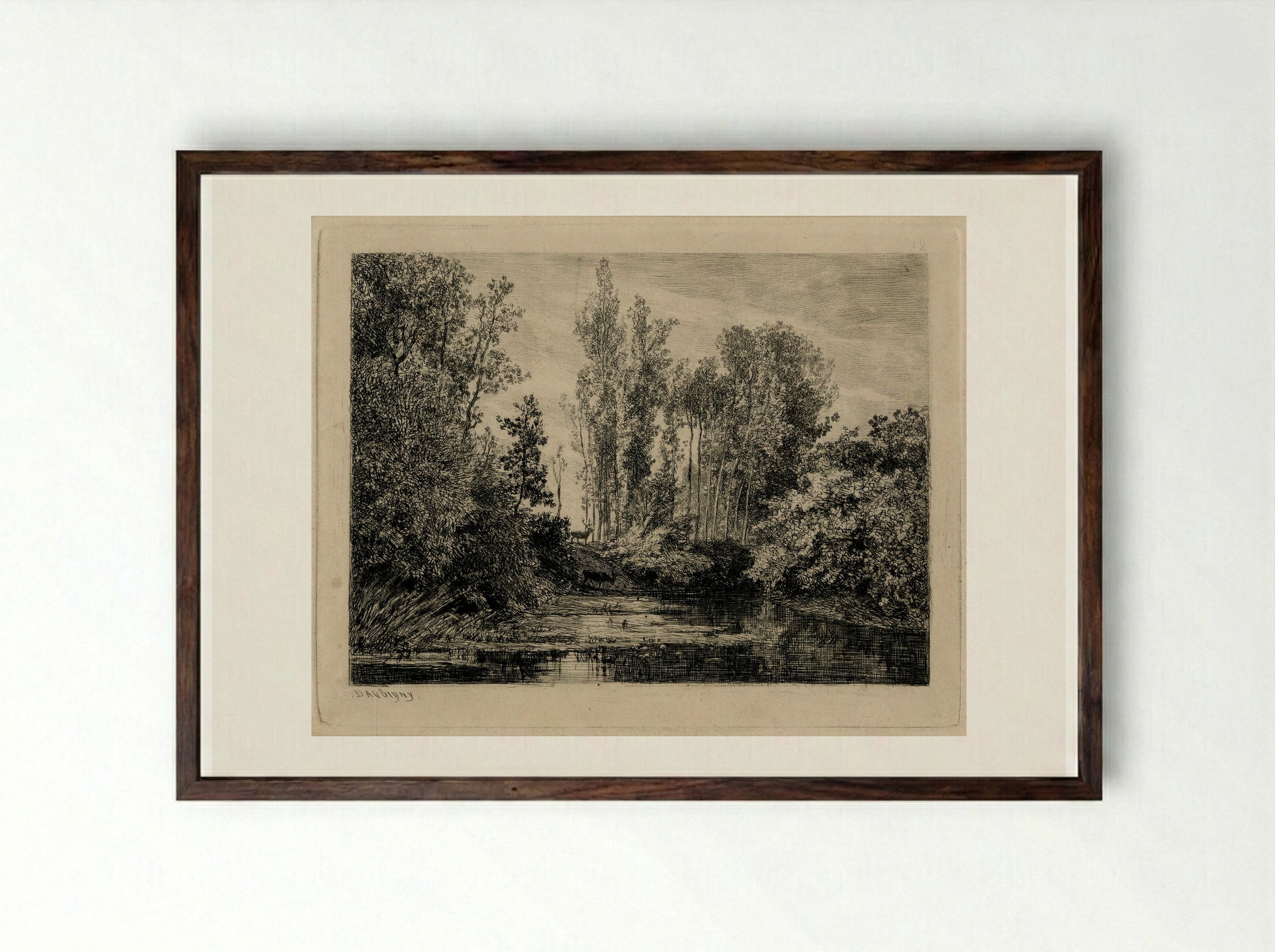 Deer at the Water's Edge - Charles-François Daubigny - Framed Print Dark Wood