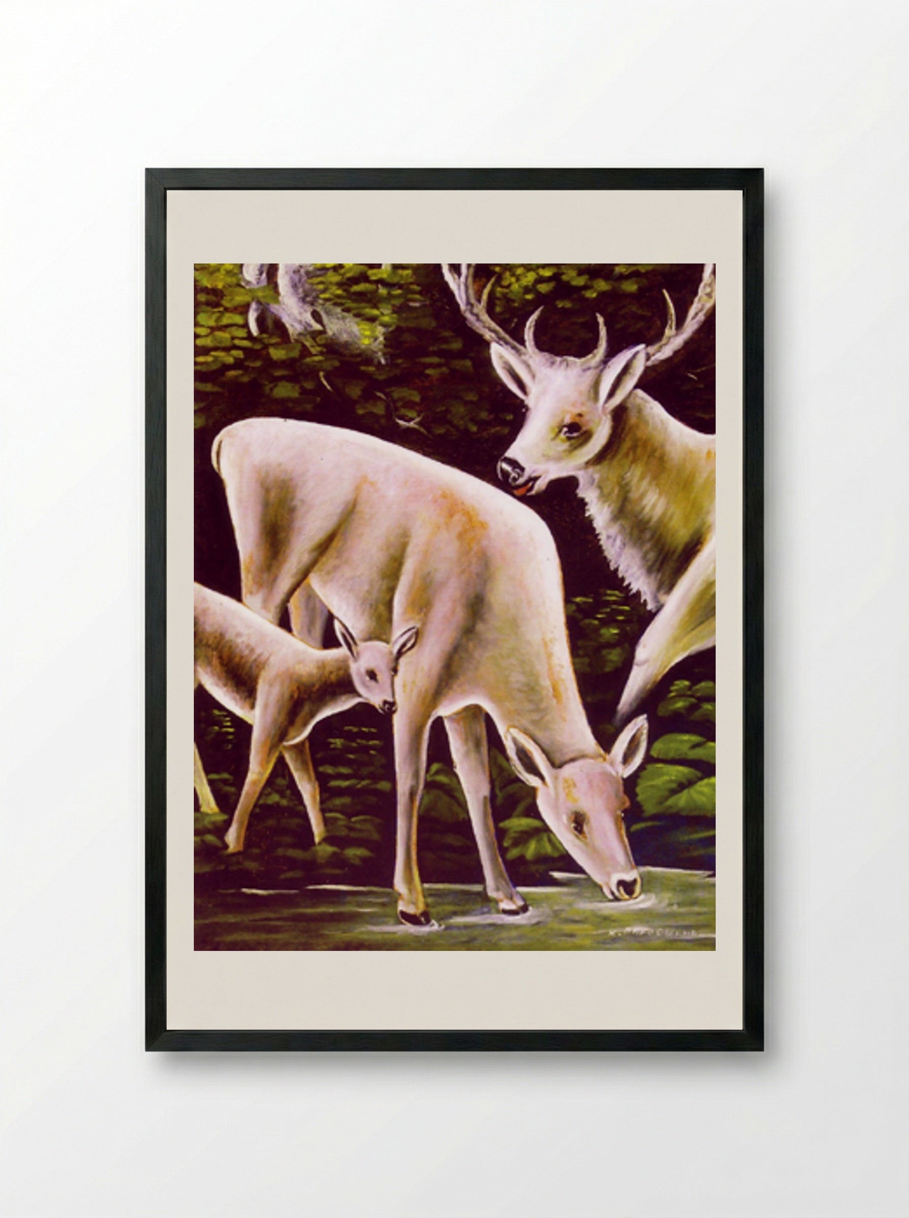 Deer family at waterhole - Niko Pirosmani - Framed Print Black