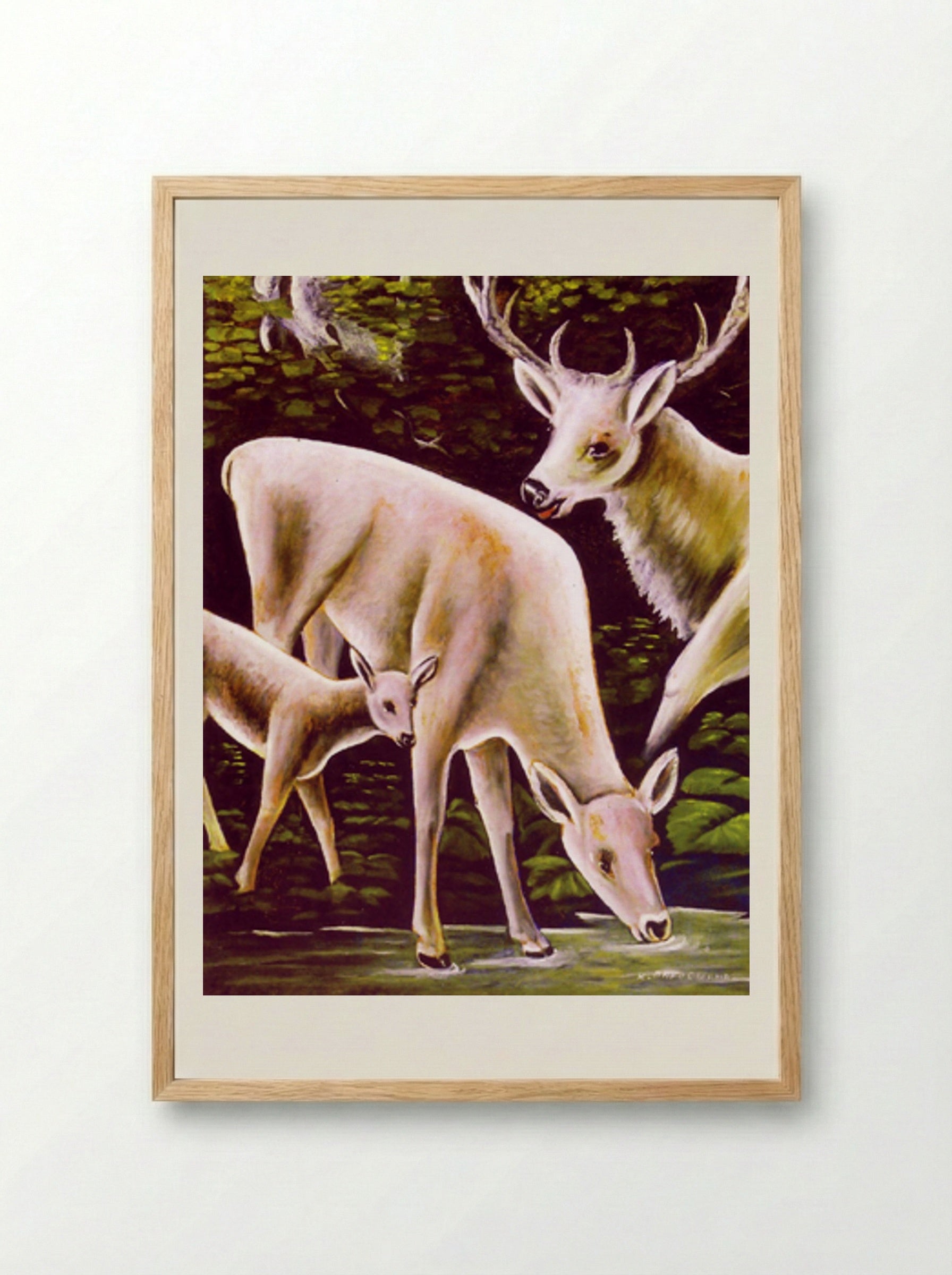 Deer family at waterhole - Niko Pirosmani - Framed Print Wood