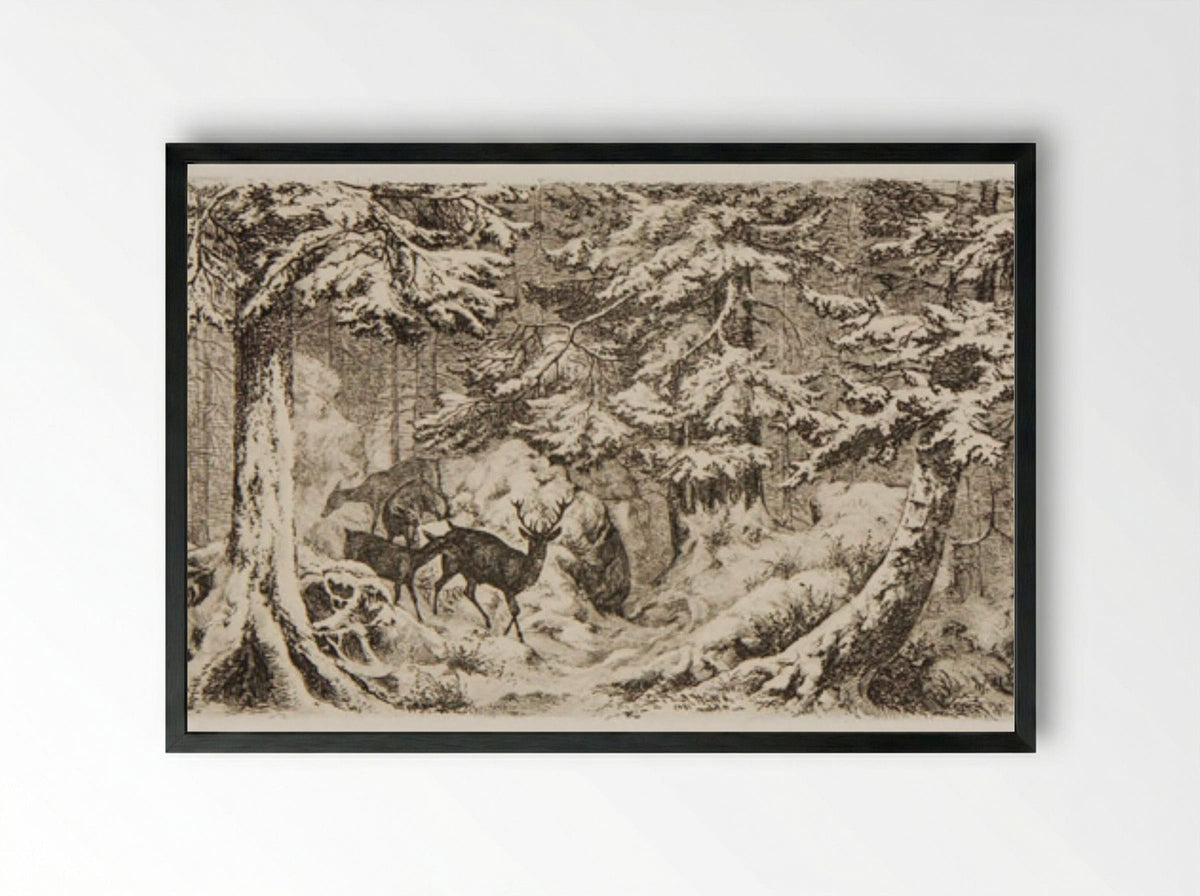 Deer in a Forest - Friedrich Anton Wolff - Framed Print Black