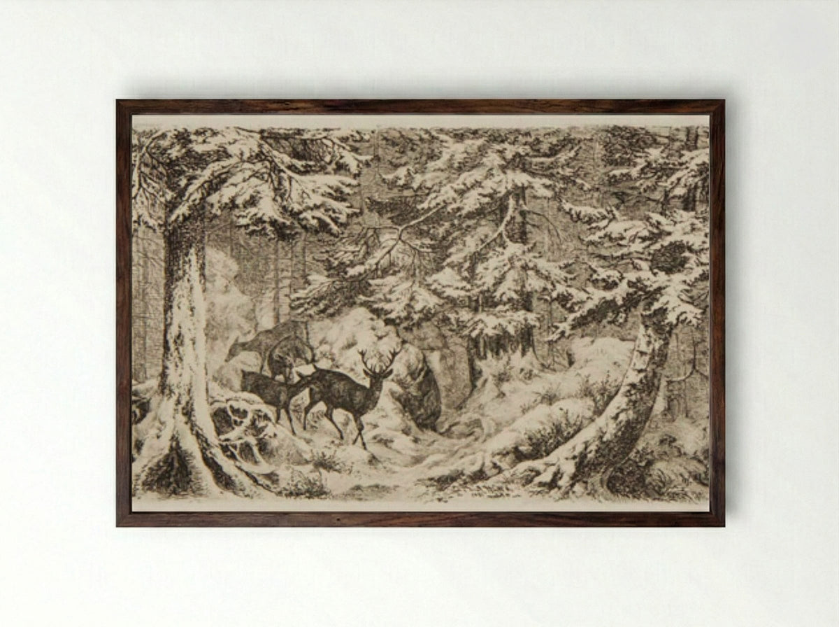 Deer in a Forest - Friedrich Anton Wolff - Framed Print Dark Wood