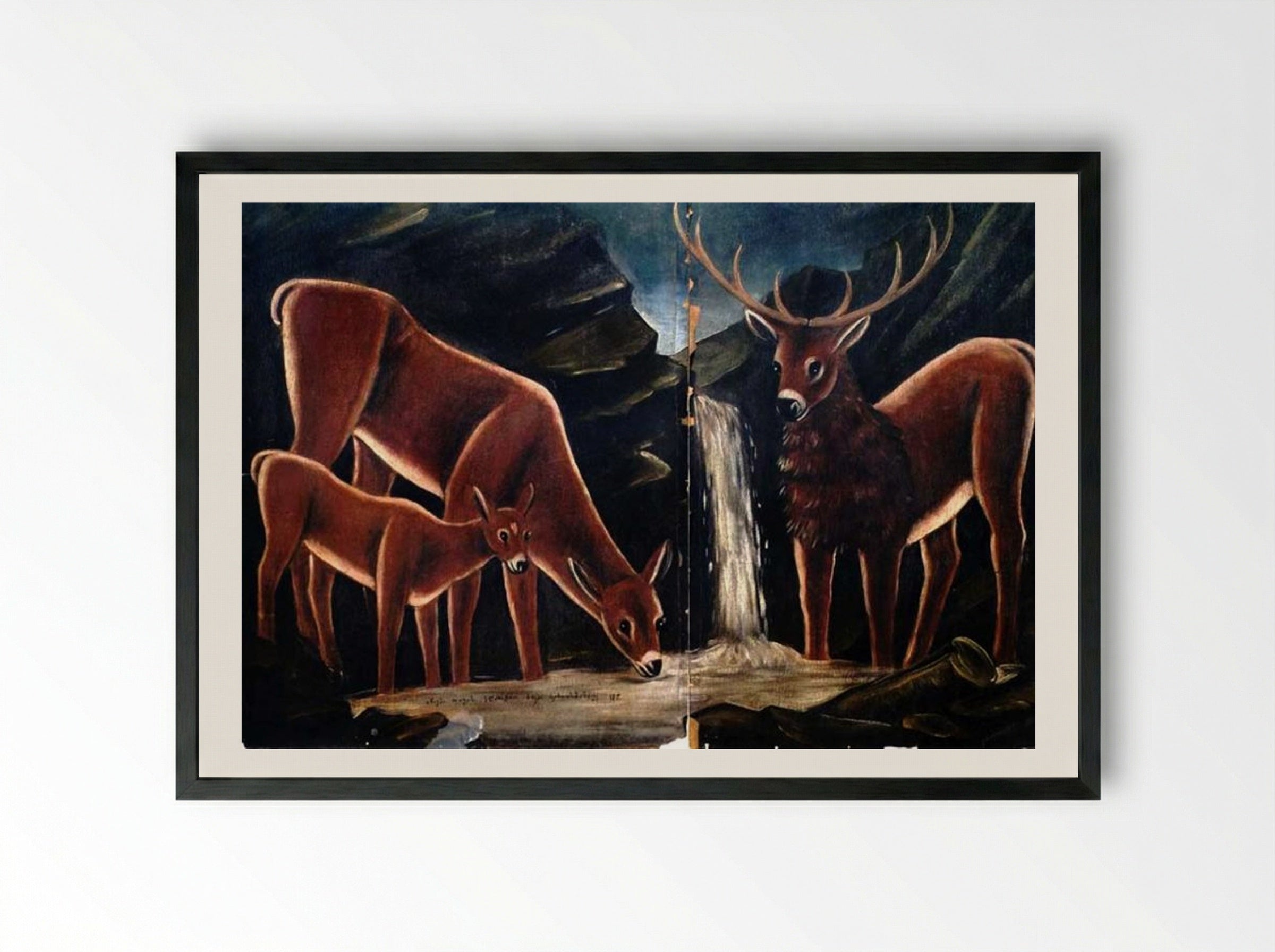 Deer with their fawns - Niko Pirosmani - Framed Print Black