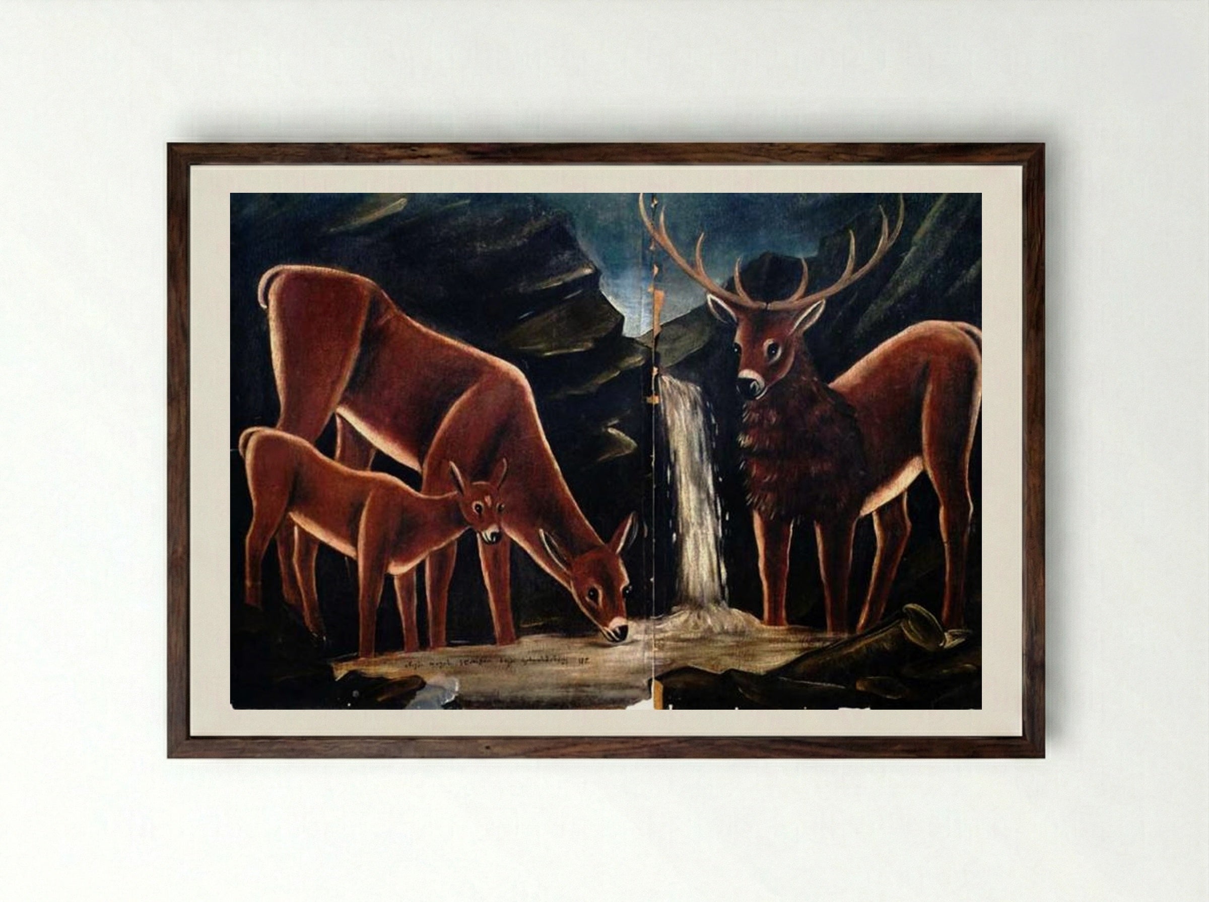 Deer with their fawns - Niko Pirosmani - Framed Print Dark Wood