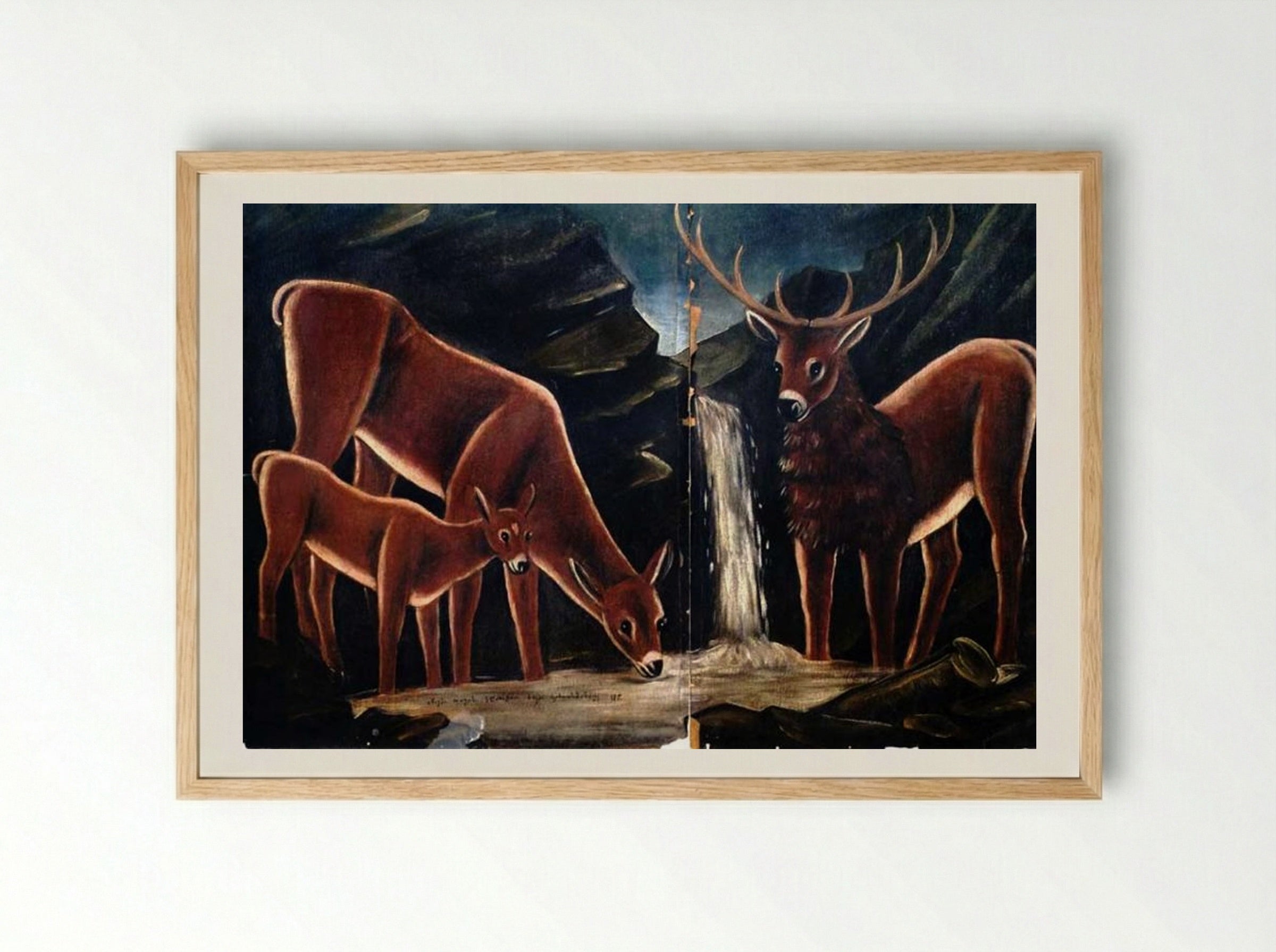 Deer with their fawns - Niko Pirosmani - Framed Print Wood