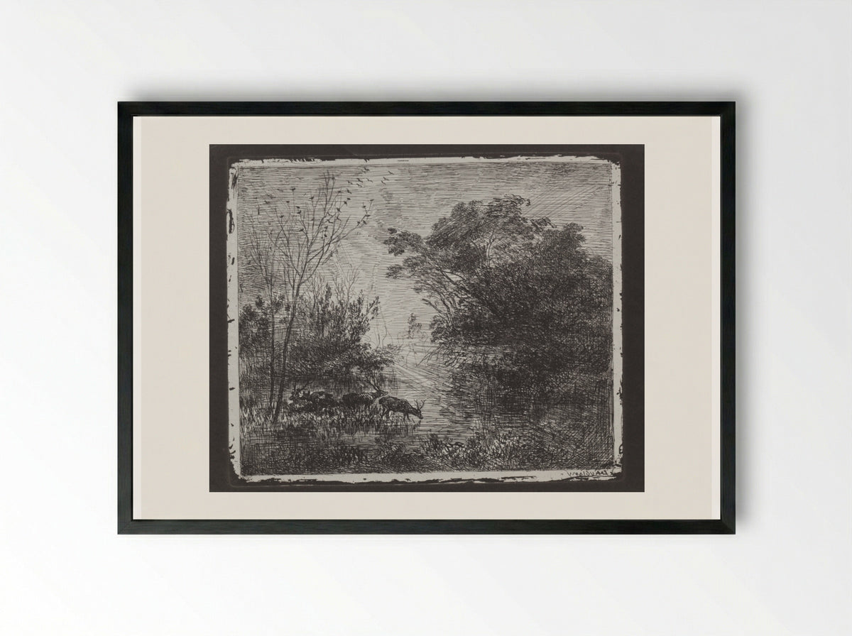 Deer - Charles-François Daubigny - Framed Print Black