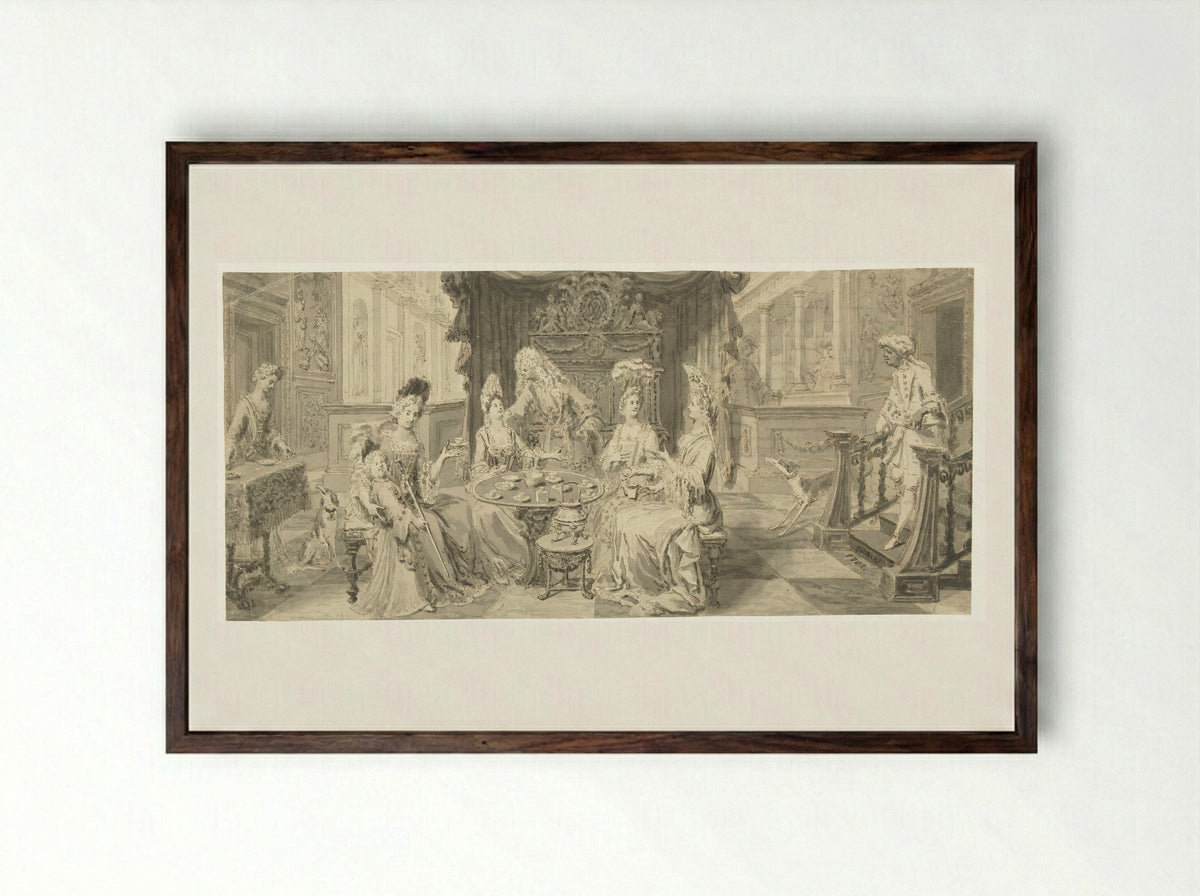 Deftig gezelschap in een salon rond de theetafel - Philip Tidemann - Framed Print Dark Wood