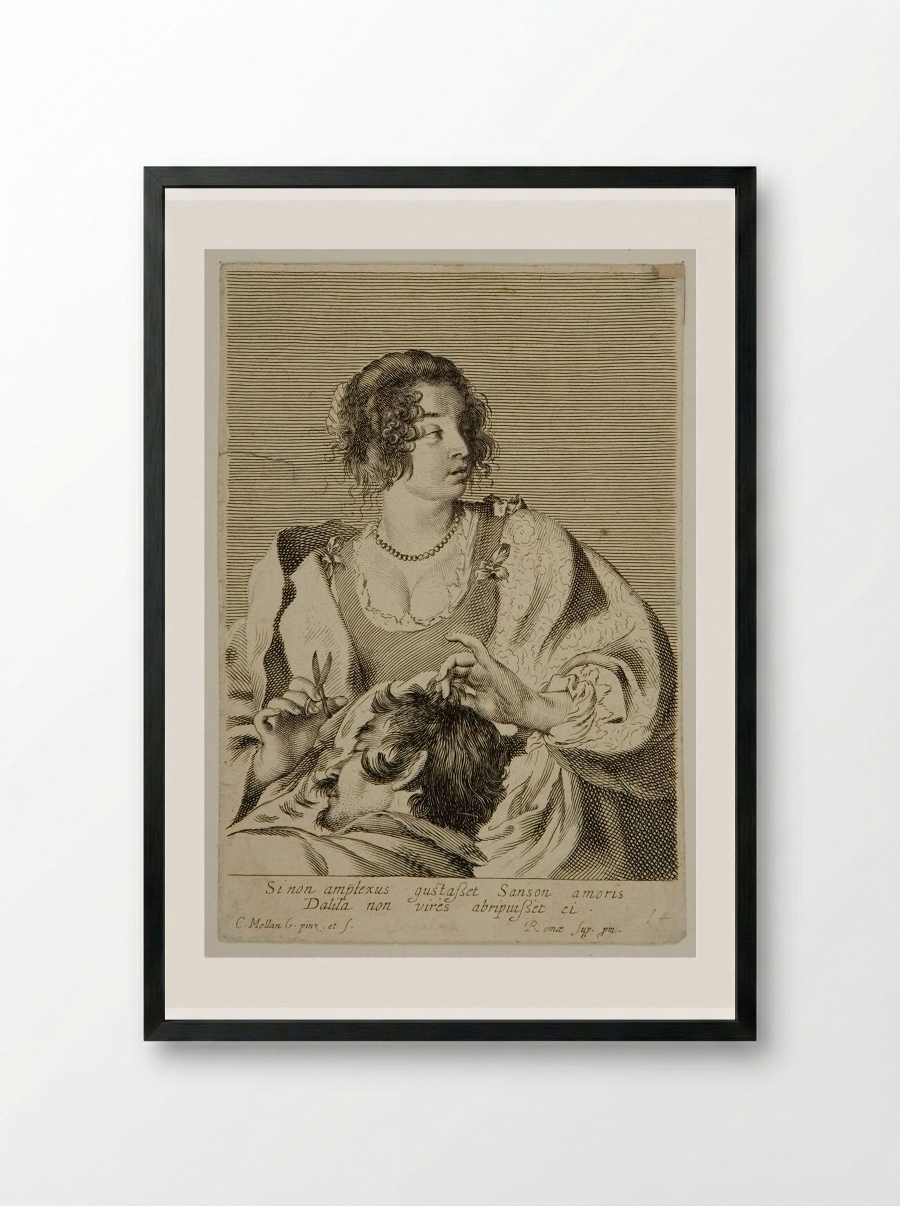 Delilah Cutting Samson's Hair - Claude Mellan - Framed Print Black