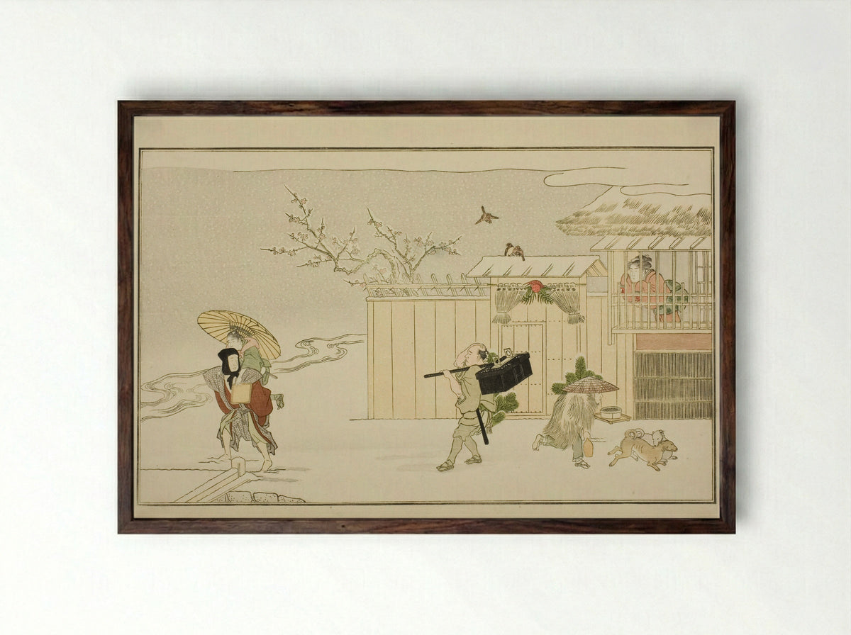 Delivering New Year Gifts in the Snow - Kitagawa Utamaro - Framed Print Dark Wood