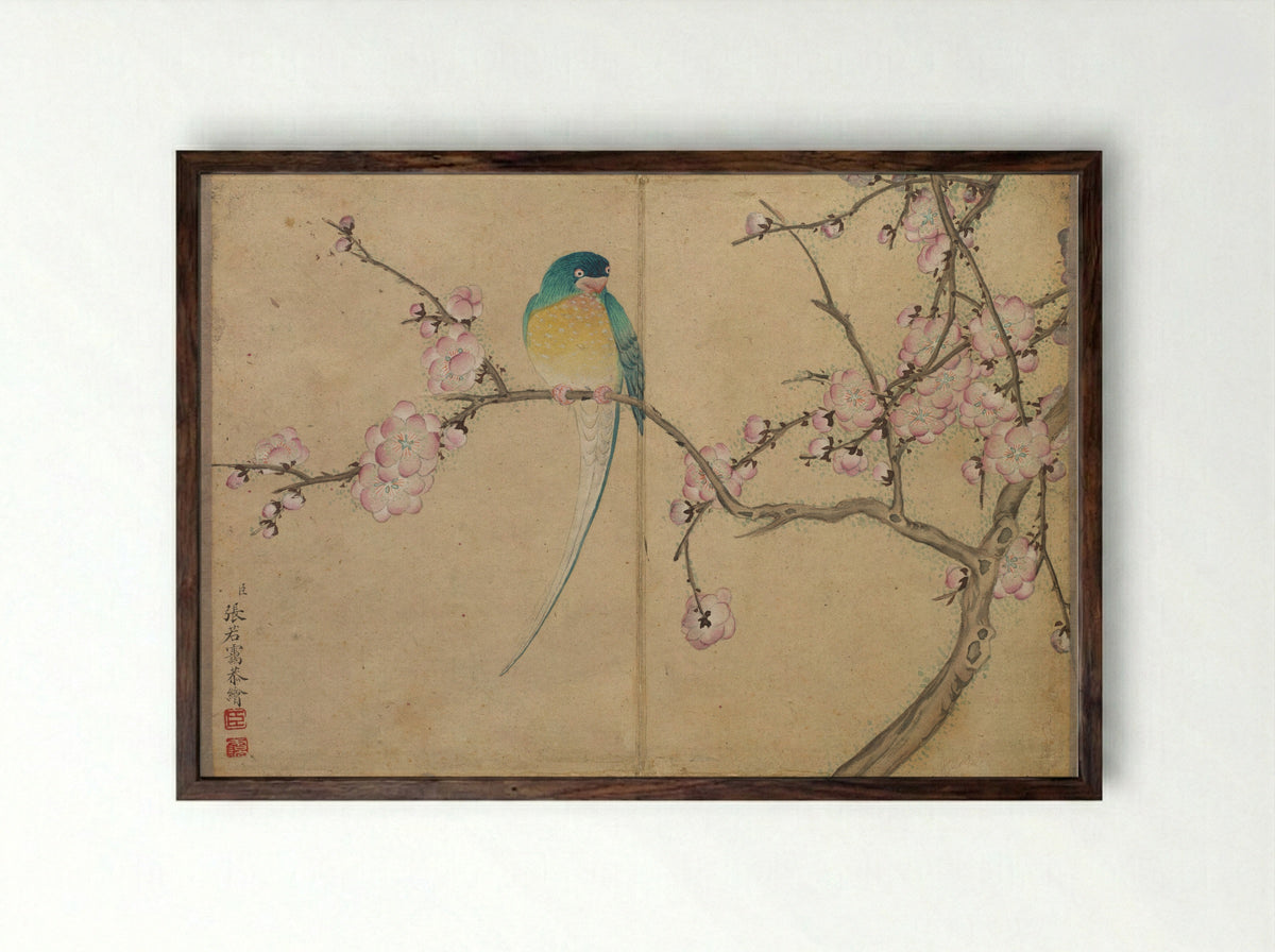 Desk Album: Flower and Bird Paintings (Bird with Plum Blossoms) - Zhang Ruoai - Framed Print Dark Wood