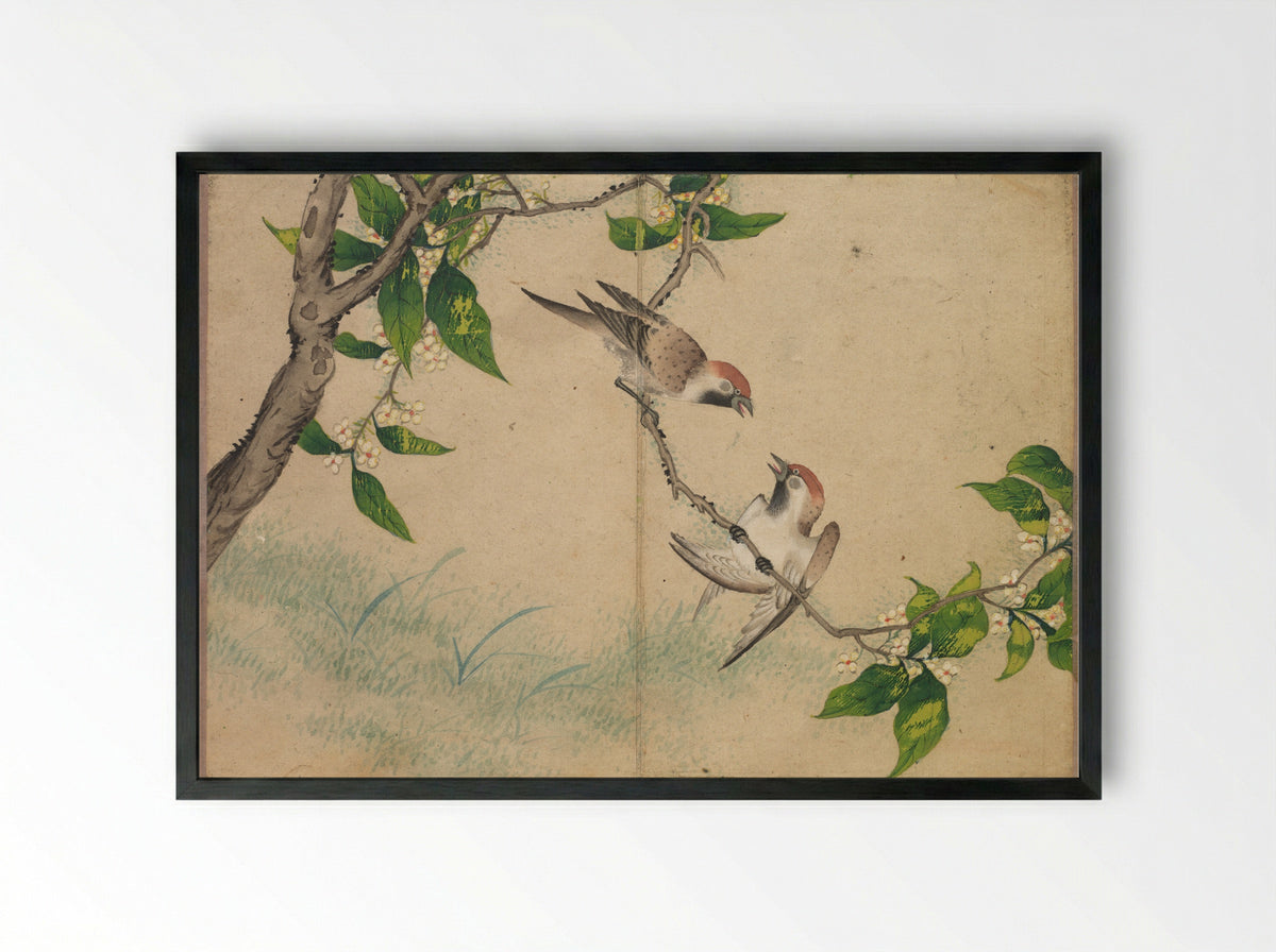 Desk Album: Flower and Bird Paintings (Gossiping Sparrows) - Zhang Ruoai - Framed Print Black