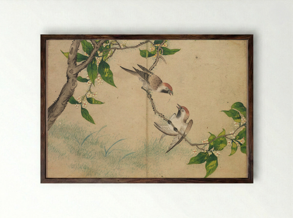 Desk Album: Flower and Bird Paintings (Gossiping Sparrows) - Zhang Ruoai - Framed Print Dark Wood