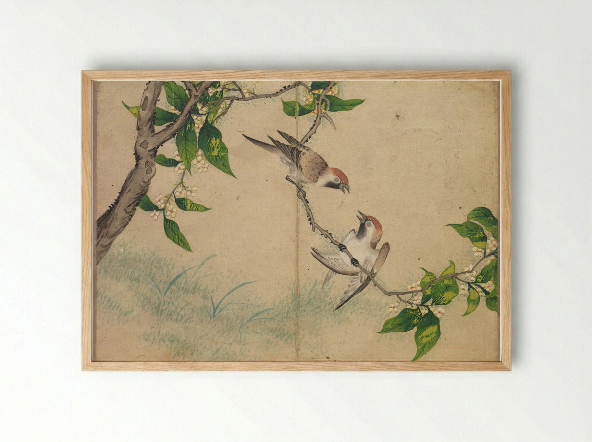Desk Album: Flower and Bird Paintings (Gossiping Sparrows) - Zhang Ruoai - Framed Print Wood