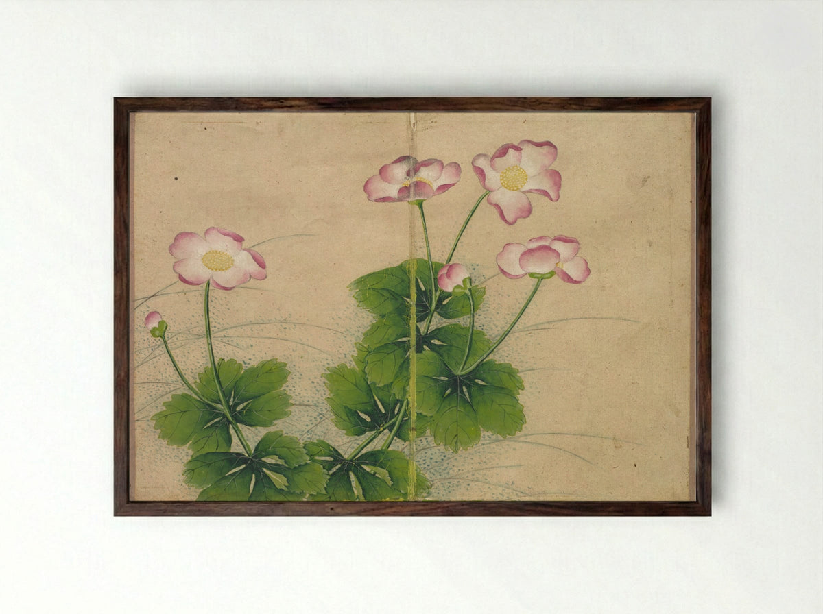 Desk Album: Flower and Bird Paintings (mallow flowers) - Zhang Ruoai - Framed Print Dark Wood