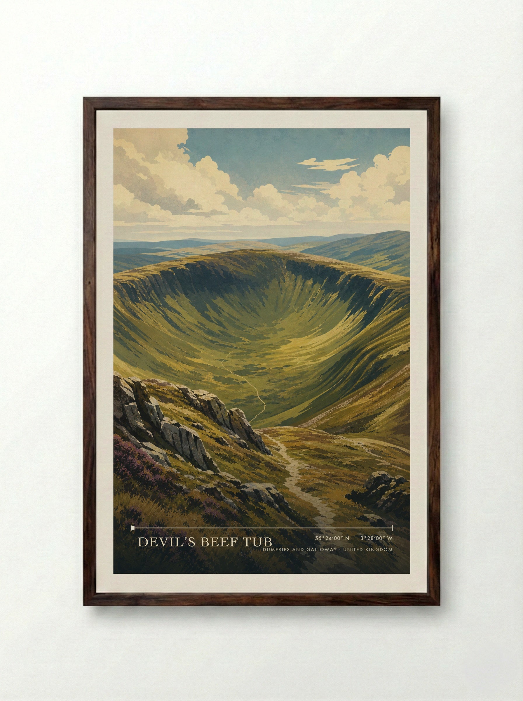 Devil’s Beef Tub Dumfries and Galloway United Kingdom Travel Poster - Framed Print Dark Wood
