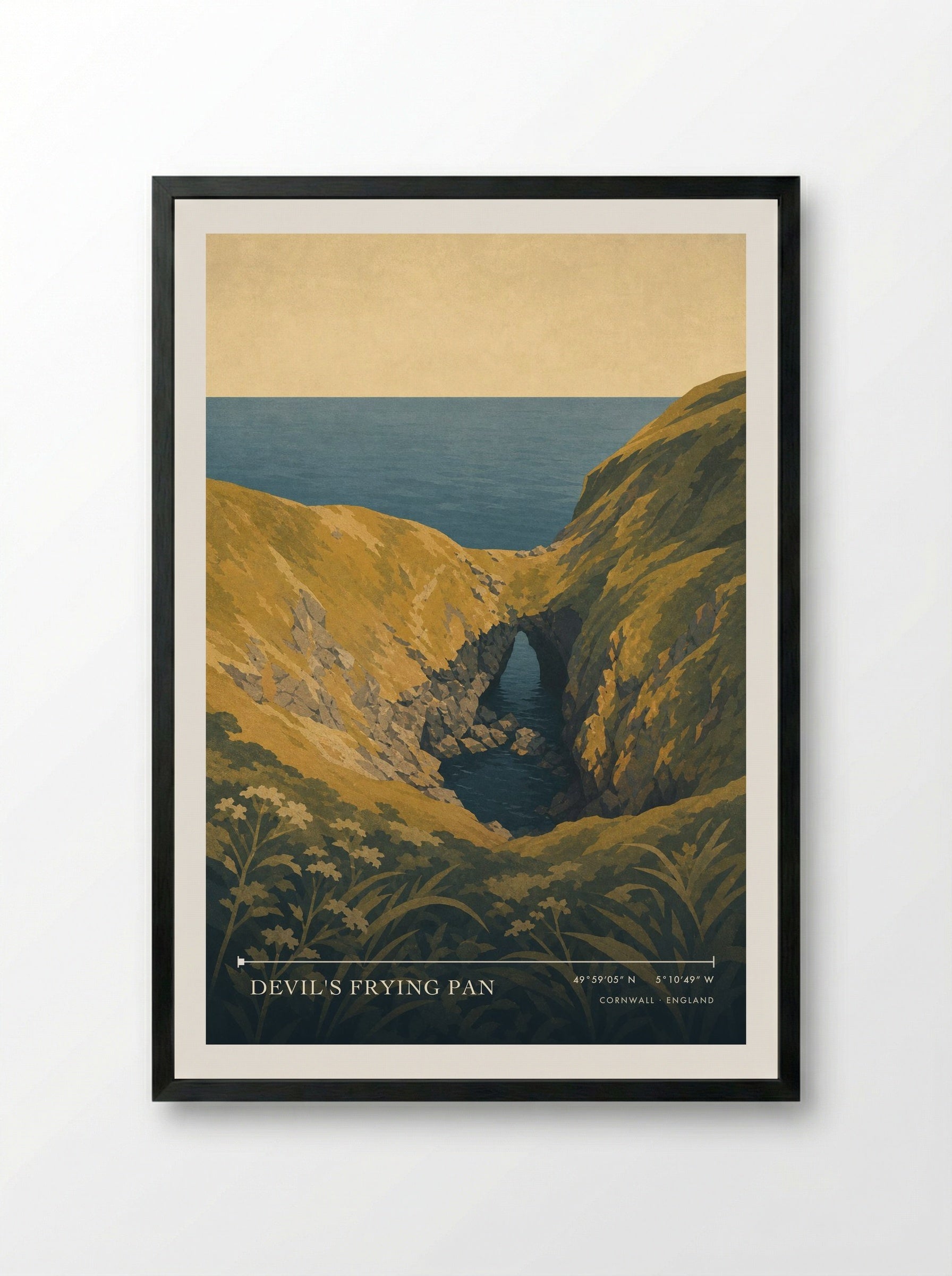 Devil's Frying Pan Cornwall England Travel Poster - Framed Print Black