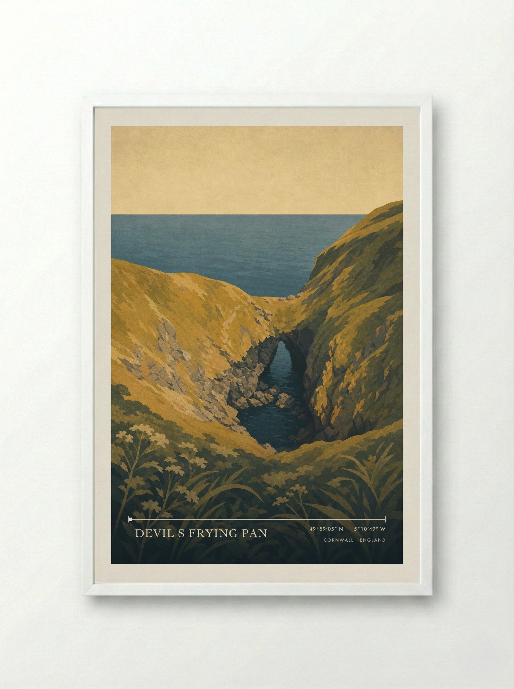Devil's Frying Pan Cornwall England Travel Poster - Framed Print White