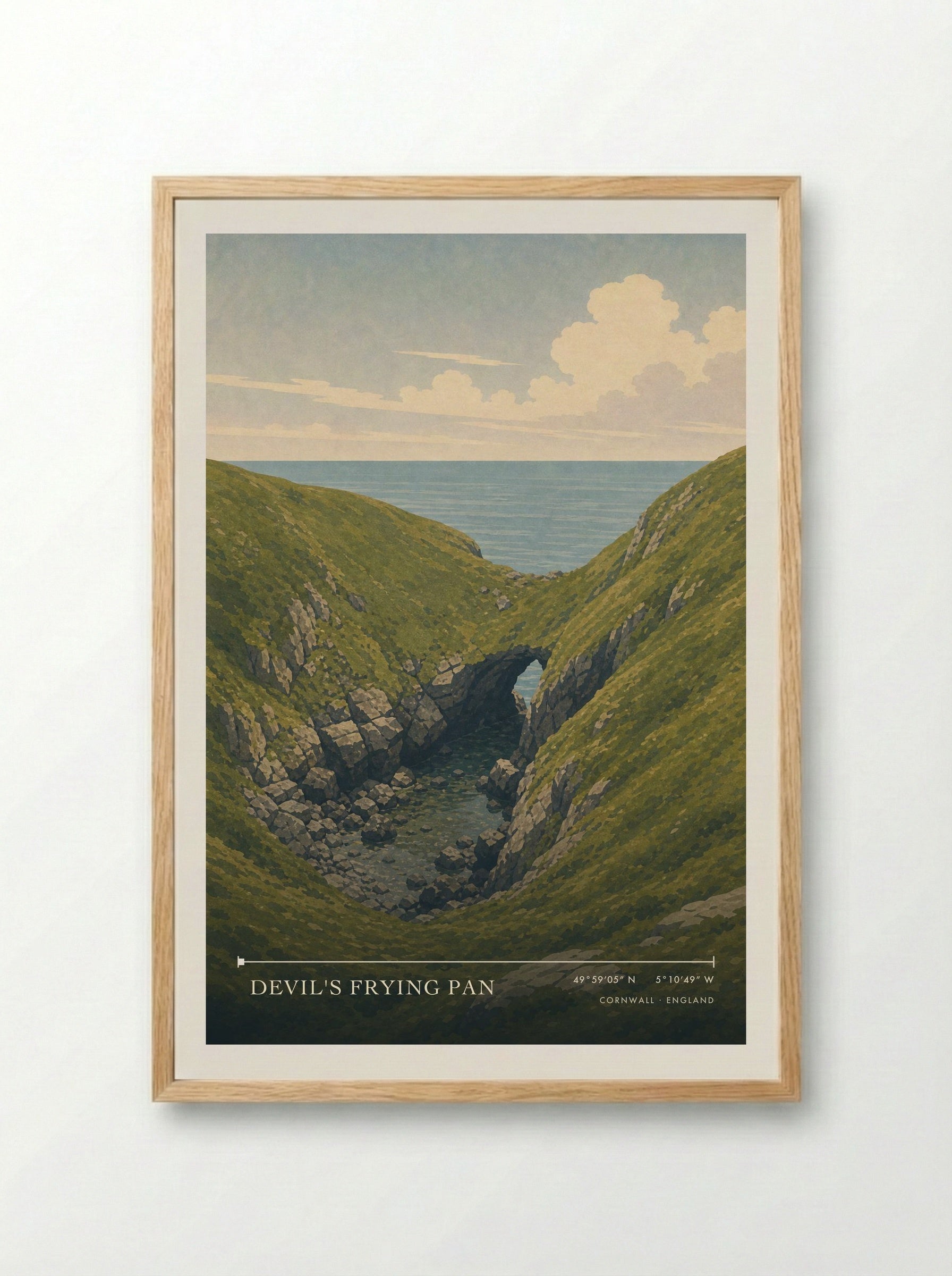 Devil's Frying Pan Cornwall England Travel Poster - Framed Print Wood