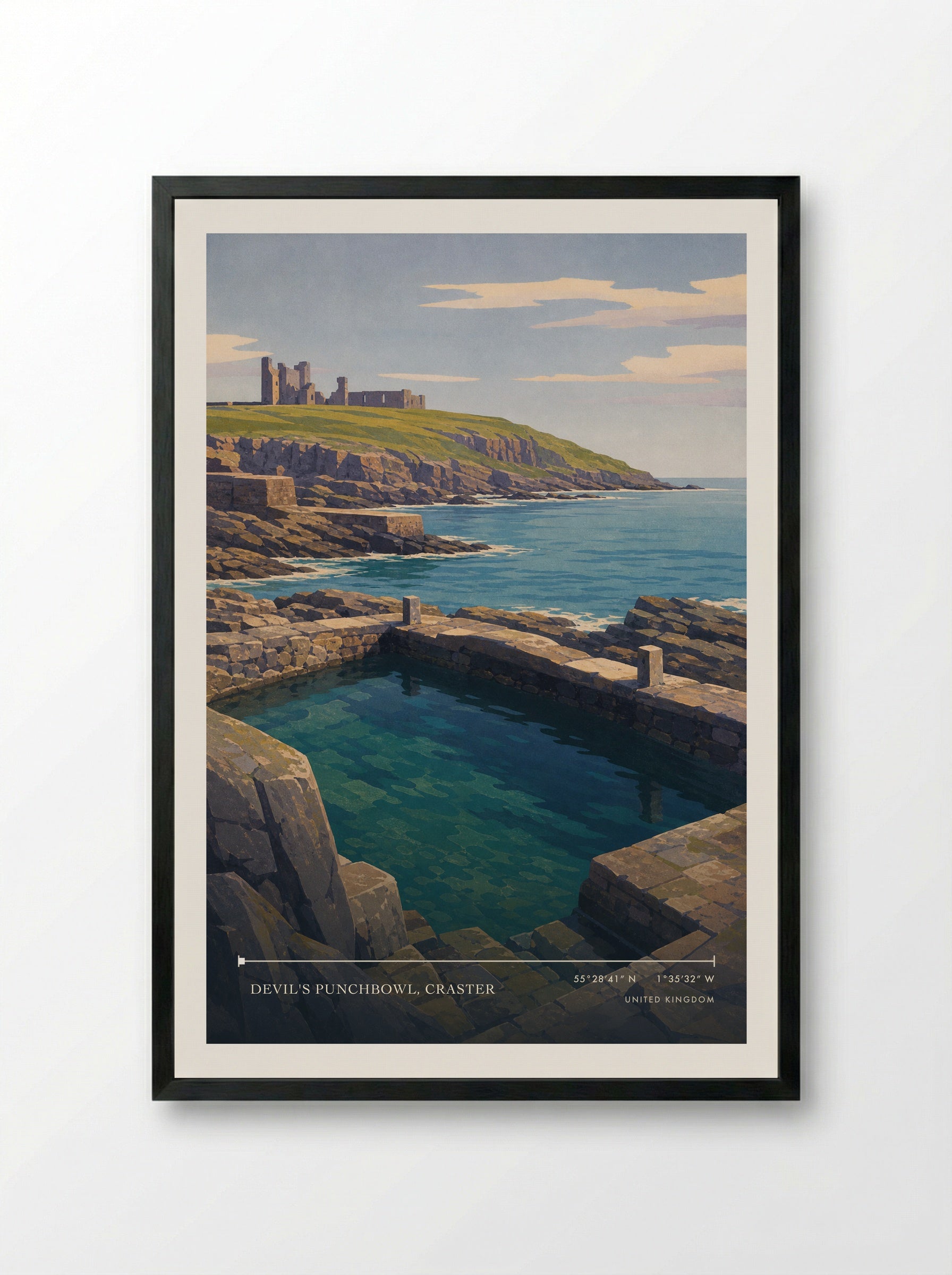 Devil's Punchbowl, Craster United Kingdom Travel Poster - Framed Print Black