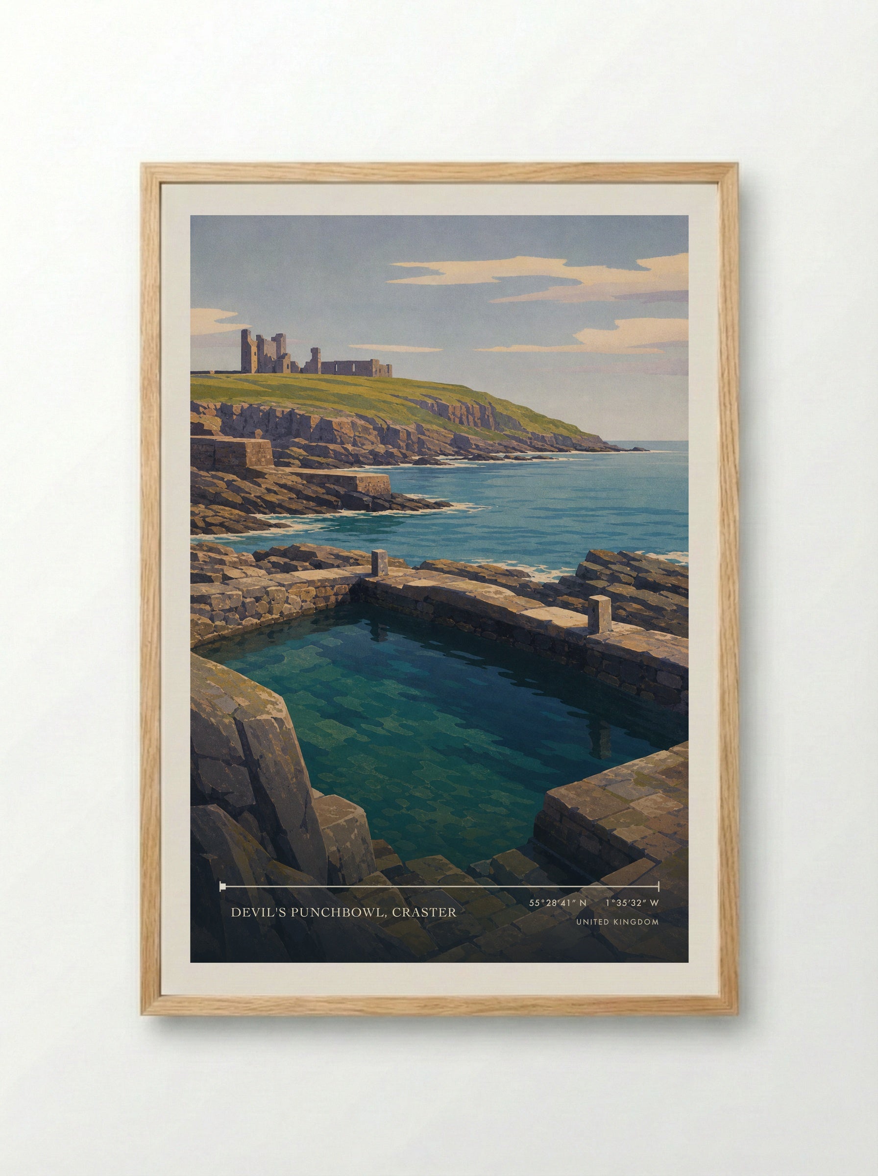 Devil's Punchbowl, Craster United Kingdom Travel Poster - Framed Print Wood