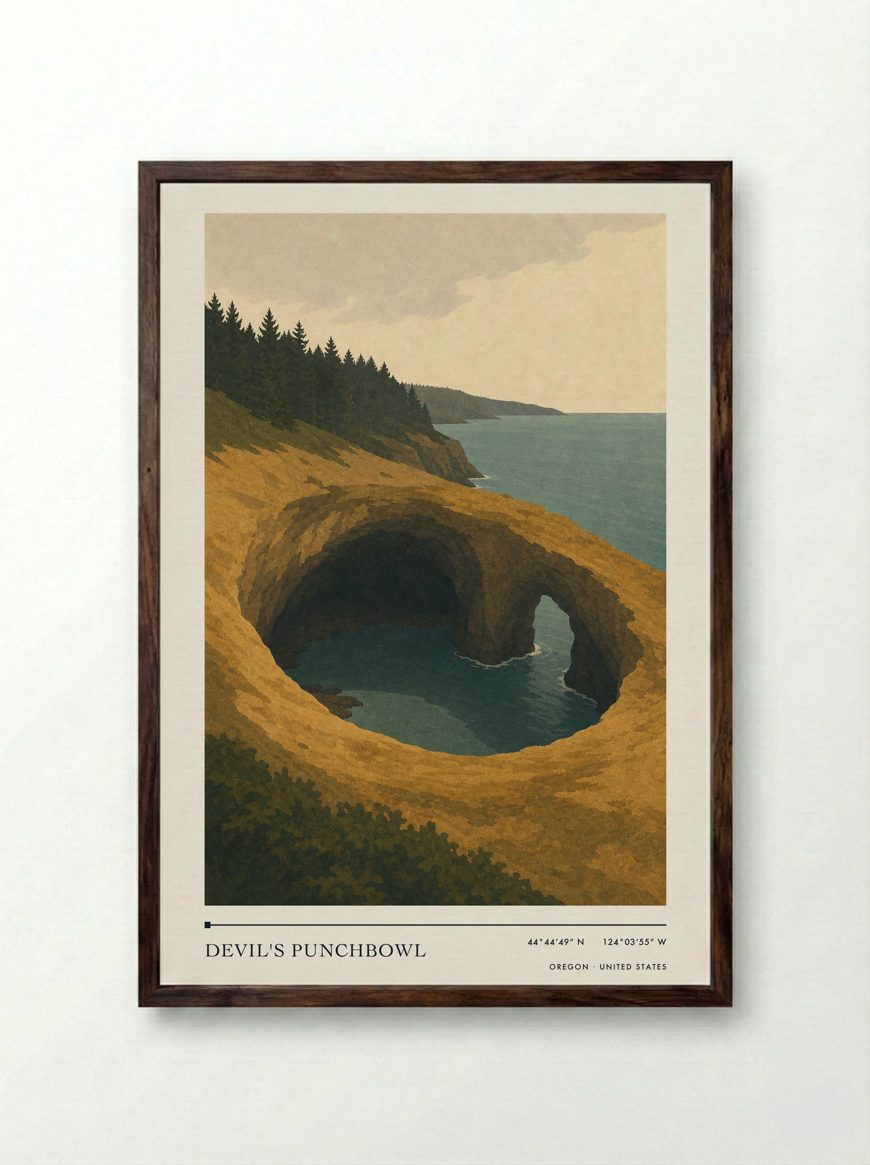 Devil's Punchbowl Travel Poster Artwork - Framed Print Dark Wood