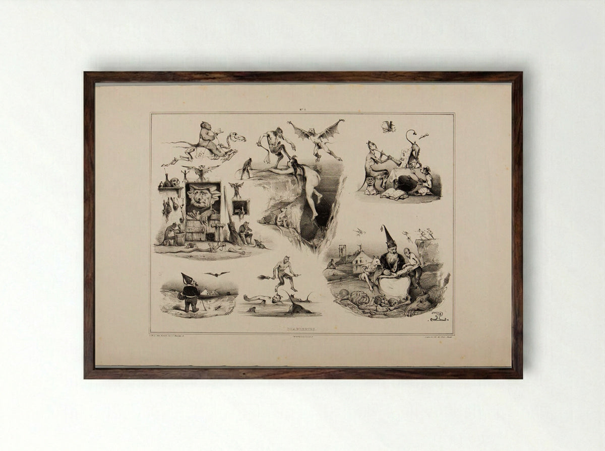 Devils of Lithography: Plate 1 - Eugène Lepoittevin - Framed Print Dark Wood