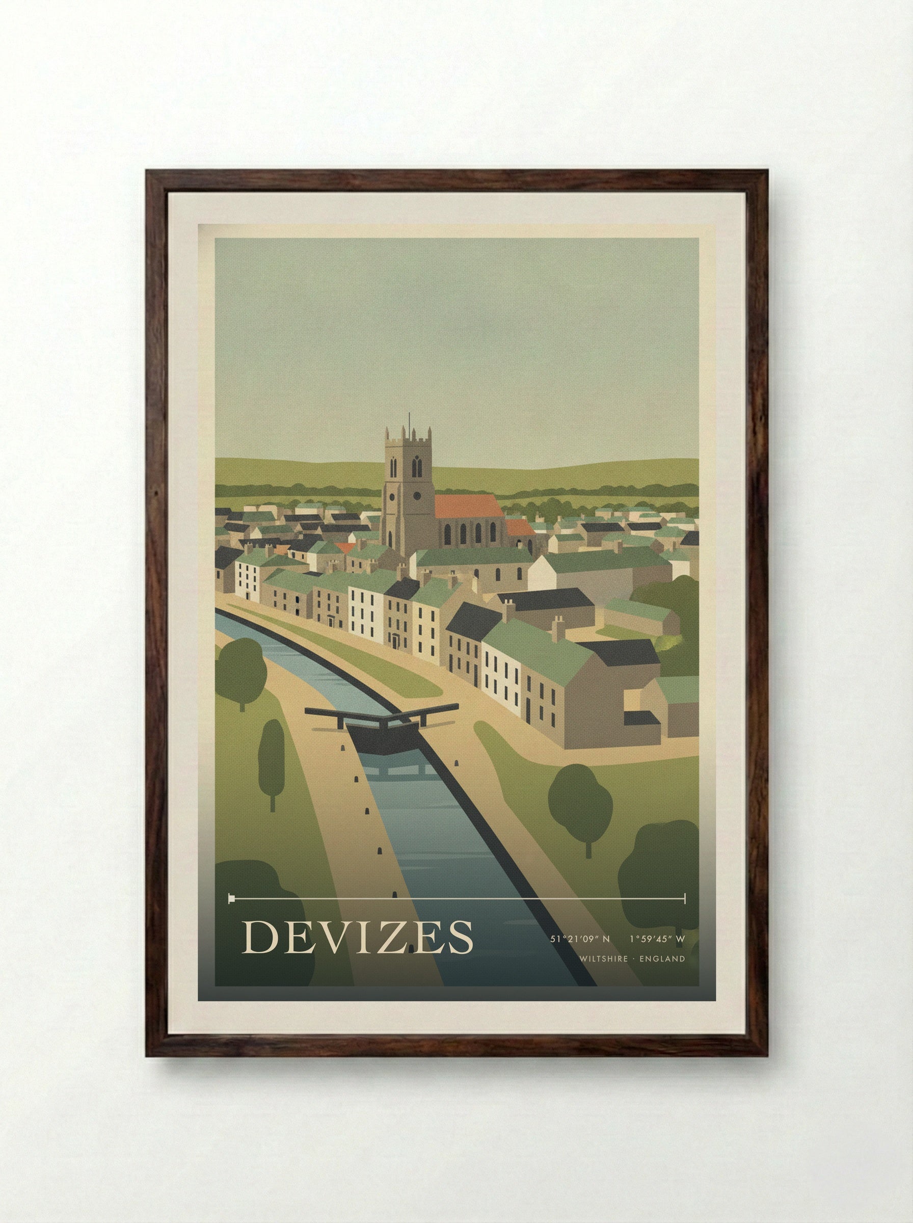 Devizes Wiltshire England Travel Poster - Framed Print Dark Wood