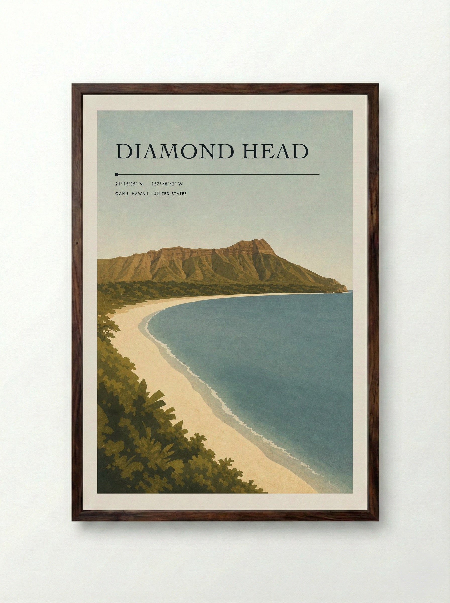 Diamond Head Travel Poster Artwork - Framed Print Dark Wood