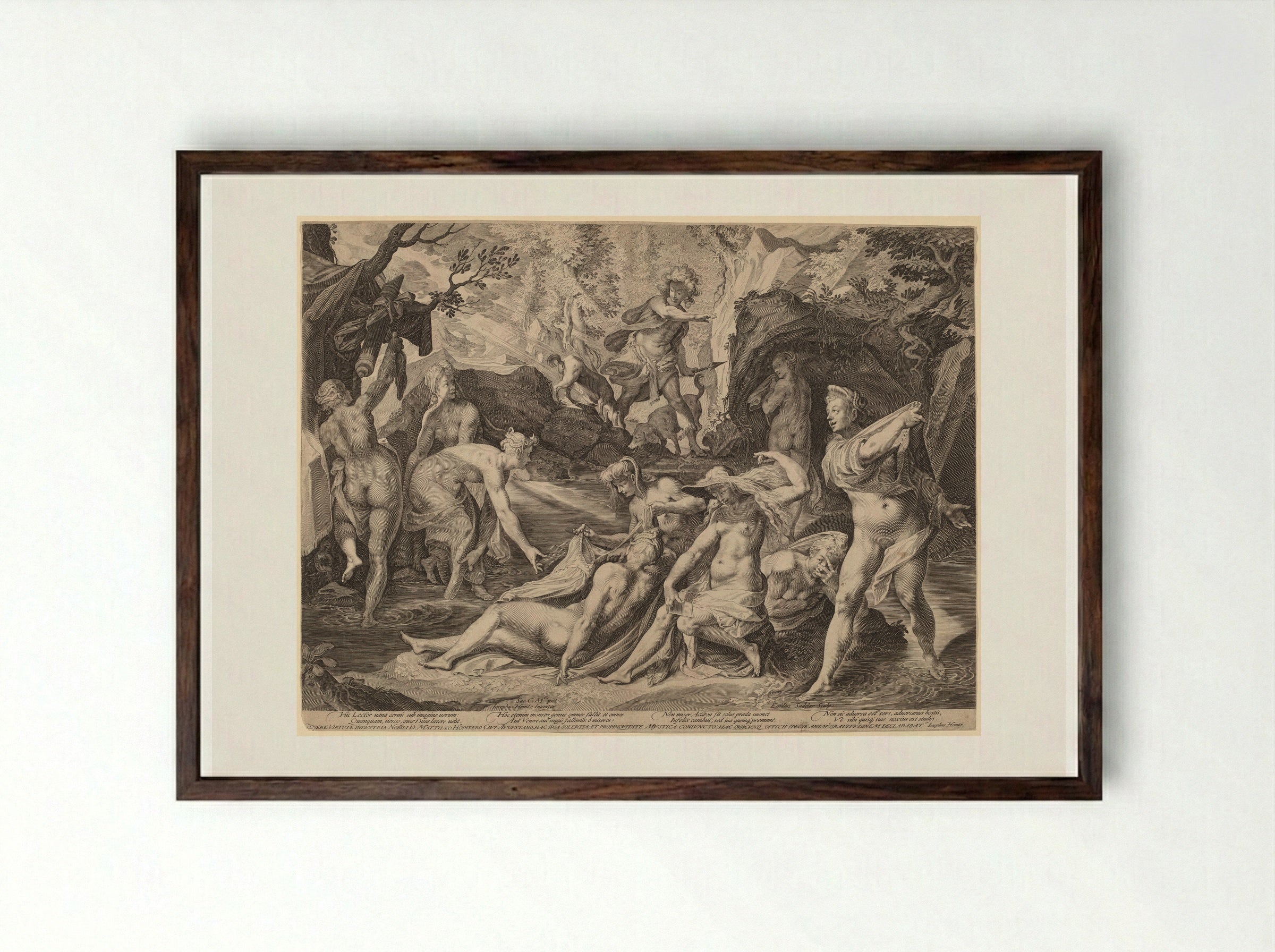 Diana, Surprised by Actaeon - Aegidius Sadeler II - Framed Print Dark Wood
