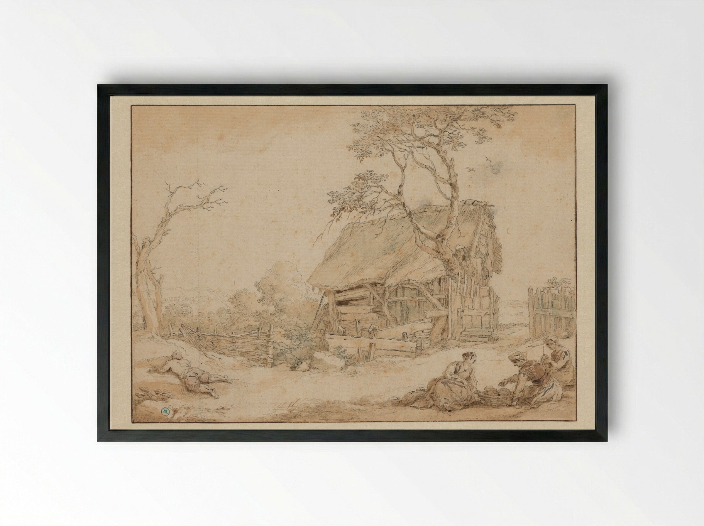 Dilapidated Cottage with Sleeping Peasant and Three Women Spinning - Abraham Bloemaert - Framed Print Black