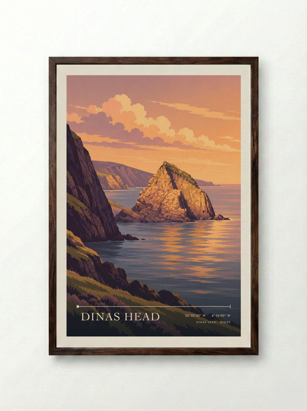 Dinas Head | Travel Poster - Framed Print Dark Wood