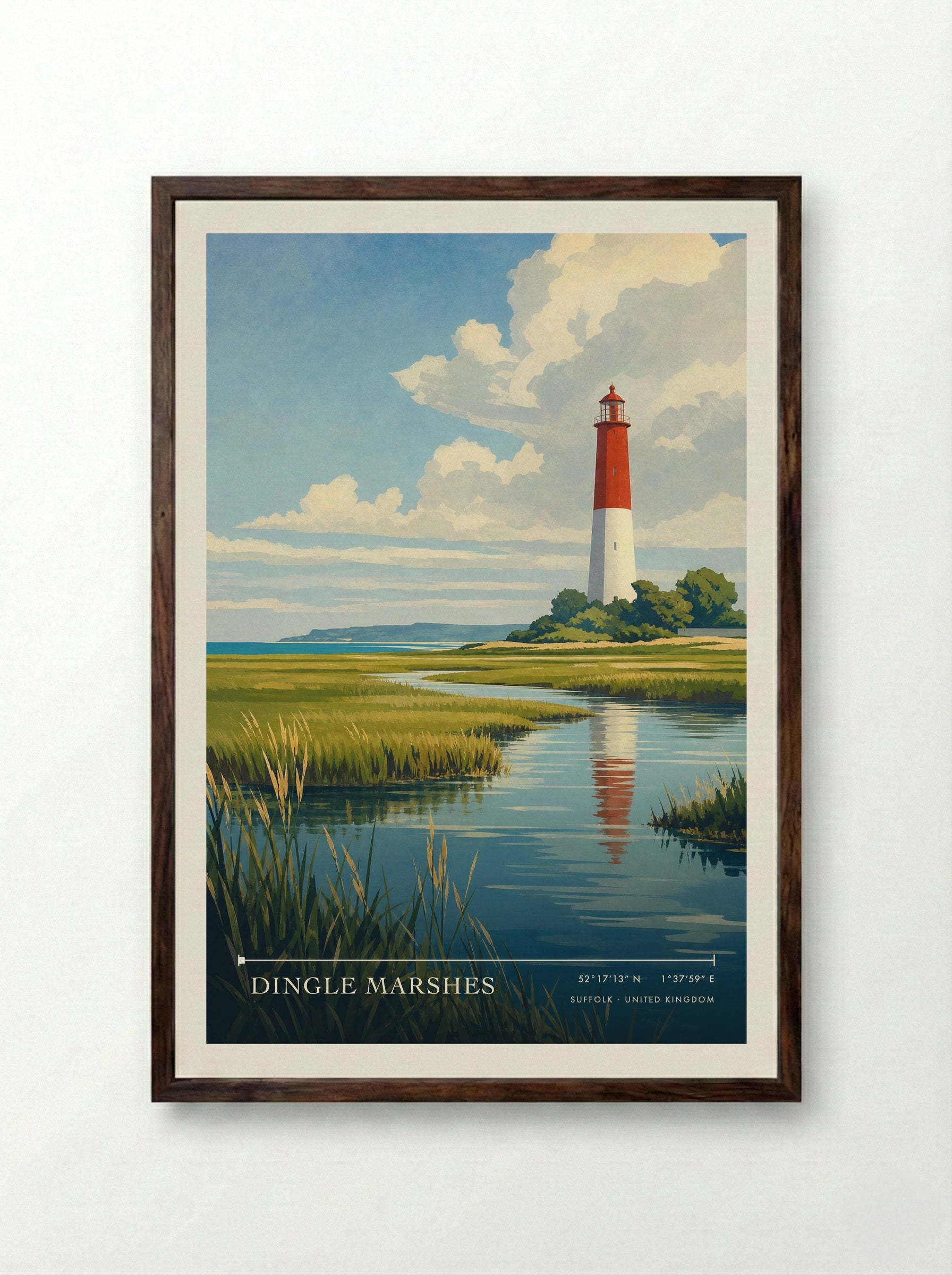 Dingle Marshes Suffolk United Kingdom Travel Poster - Framed Print Dark Wood