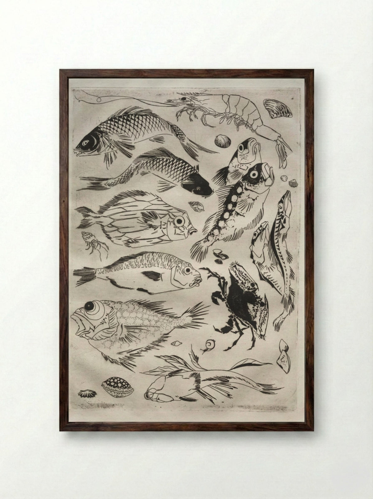 Dinner Service (Rousseau service): Fish (no. 24) - Félix Bracquemond - Framed Print Dark Wood