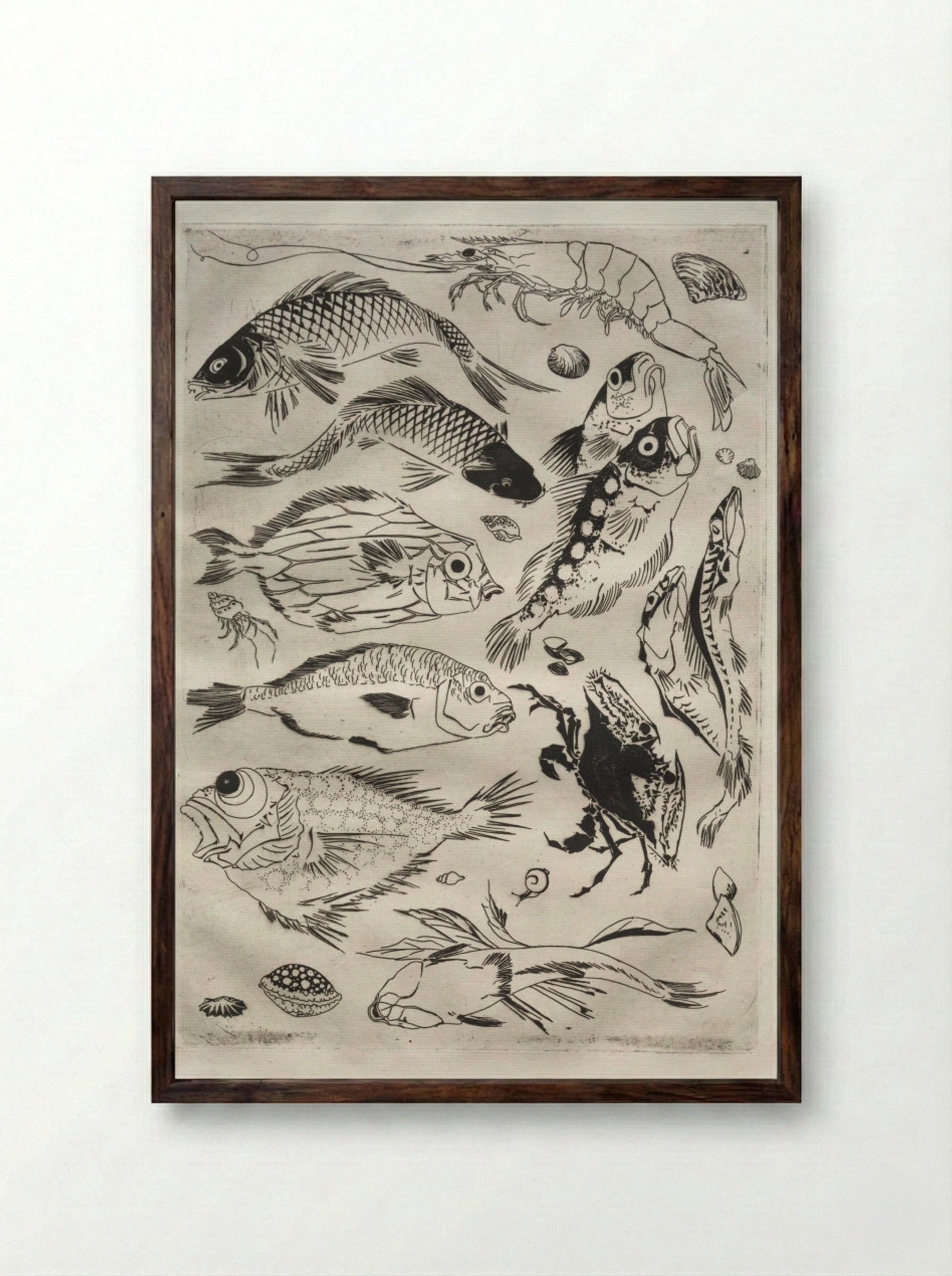 Dinner Service (Rousseau service): Fish (no. 24) - Félix Bracquemond - Framed Print Dark Wood