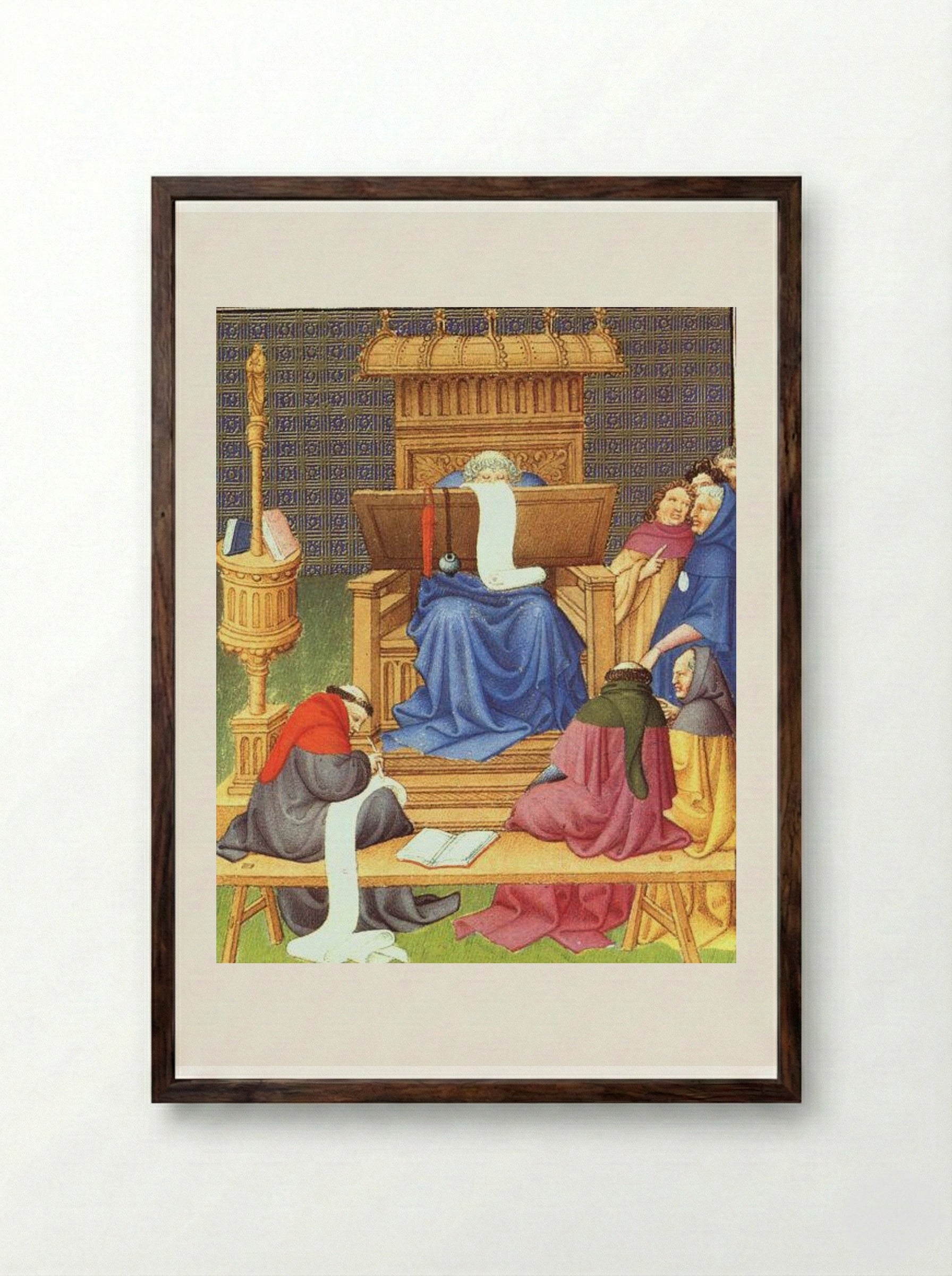 Diocrès Expounding the Scriptures - Limbourg brothers - Framed Print Dark Wood