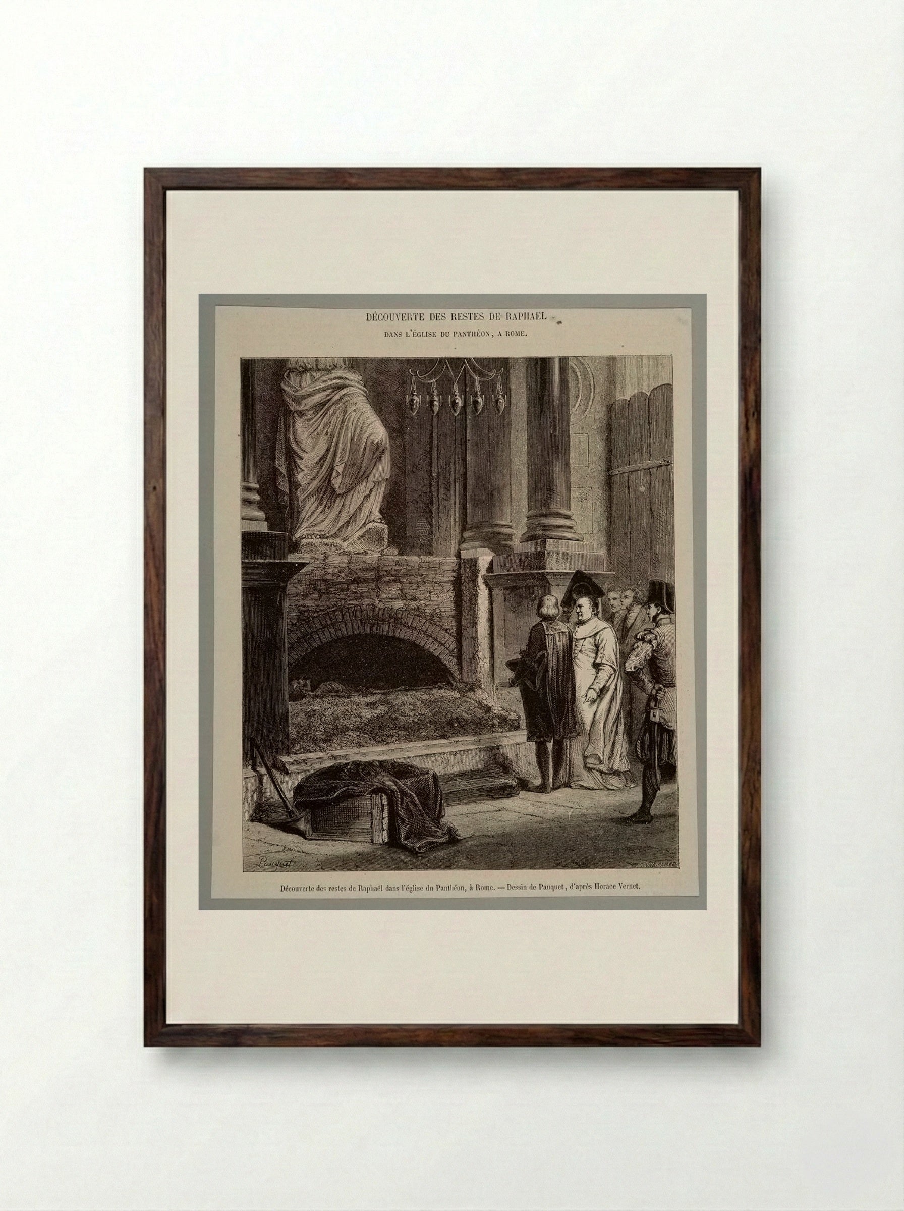 Discovery of the Remains of Raphael in the Pantheon in Rome - Stéphane Pannemaker - Framed Print Dark Wood