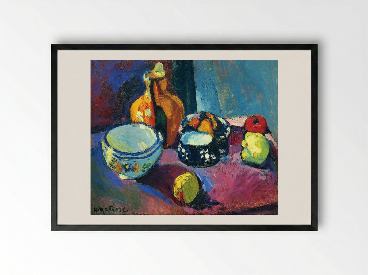 Dishes and Fruit on a Red and Black Carpet - Henri Matisse - Framed Print Black