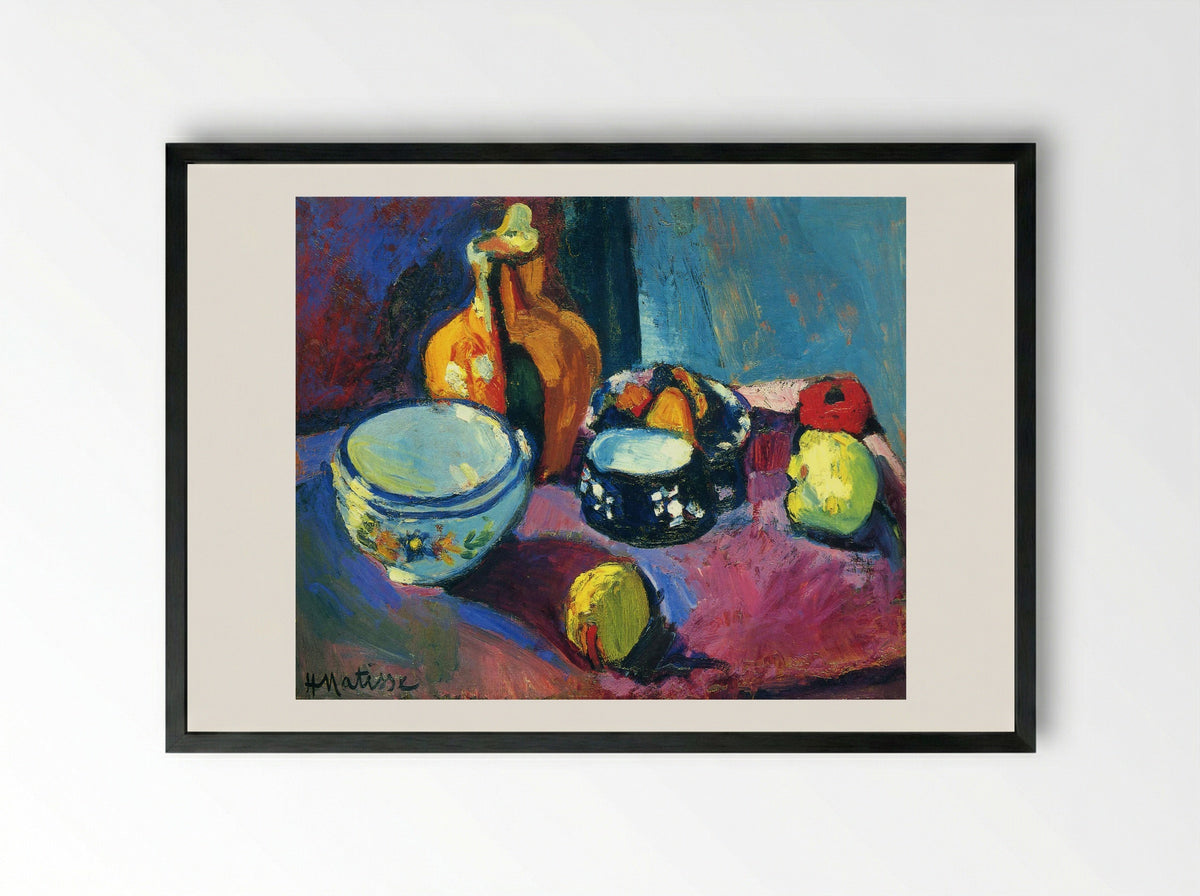 Dishes and Fruit on a Red and Black Carpet - Henri Matisse - Framed Print Black