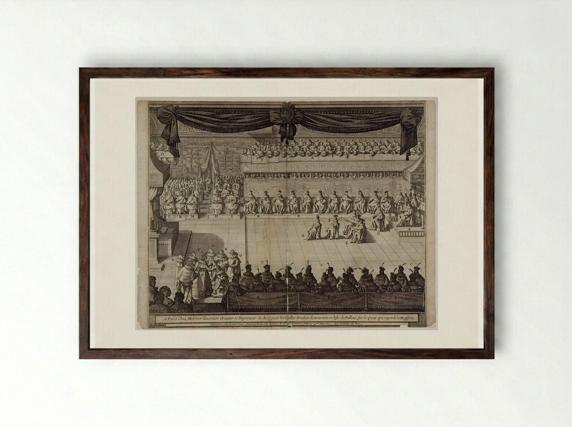 Disposition à la seance tenue à Fontainebleau - Abraham Bosse - Framed Print Dark Wood
