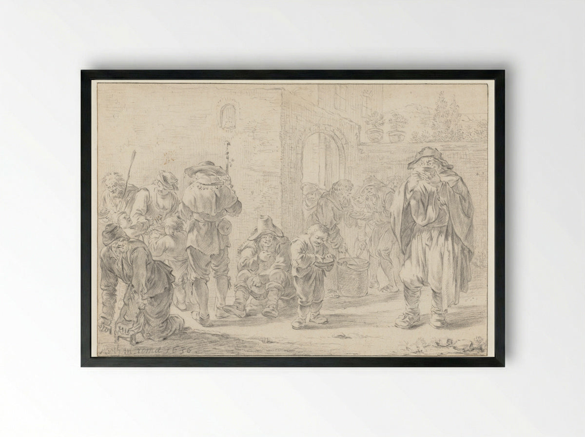 Distribution of Food to Pilgrims and Beggars at a Monastery Gate - Andries Both - Framed Print Black